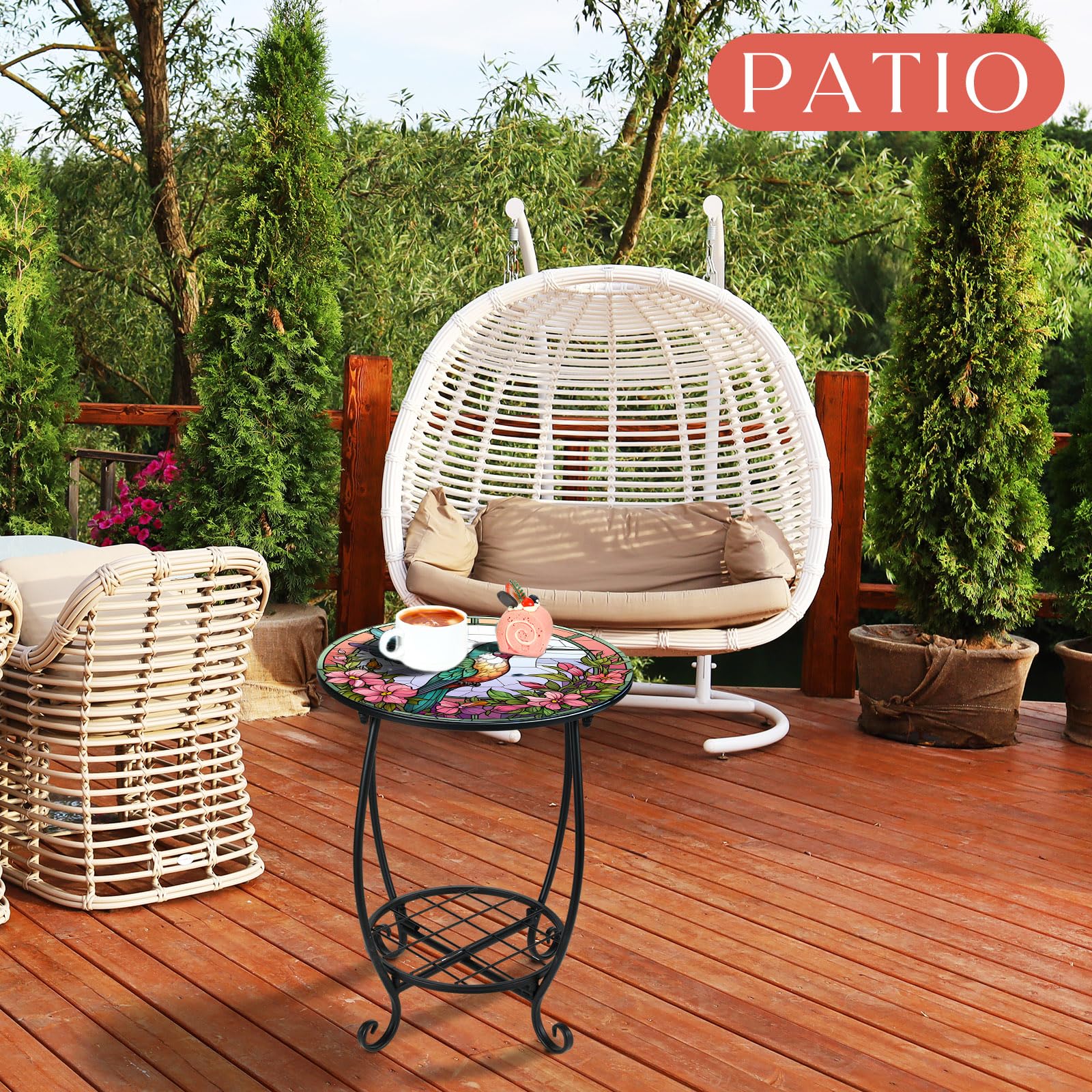 Mesa auxiliar redonda para exteriores, mosaico pequeño, decoración de patio, planta interior, mesa de té de metal para patio, porche, jardín, patio, sala de estar, dormitorio (estilo colibrí 3
