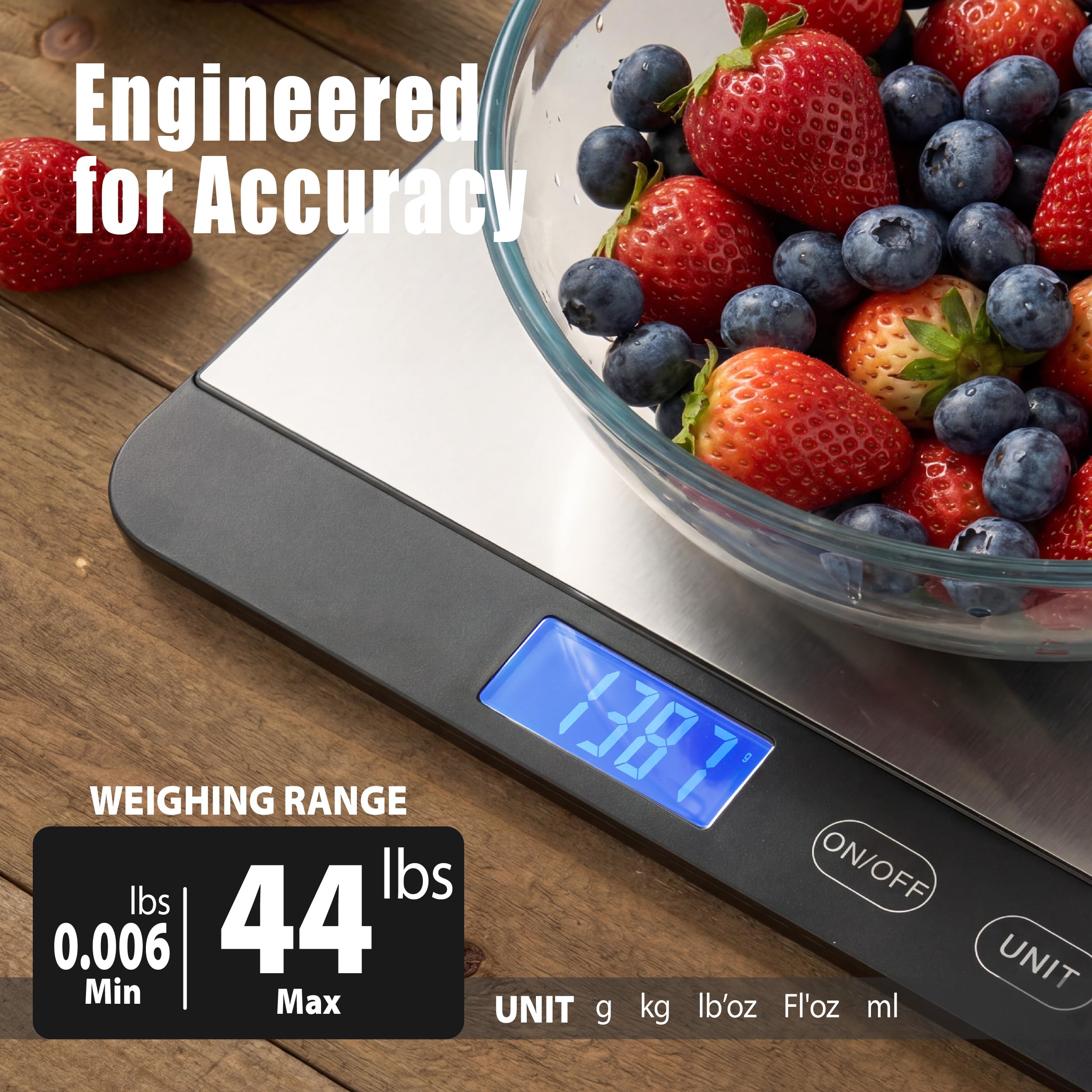 Bilancia da cucina digitale con piattaforma extra-large, 20 kg, alta precisione, acciaio inossidabile/vetro temperato, peso grammi e once per cucinare la preparazione dei pasti, 2 batterie