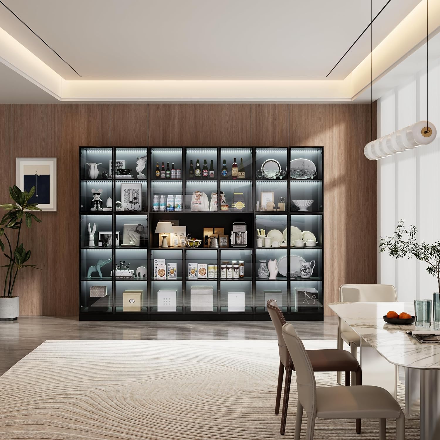 Bobve 78” LED Storage Cabinet Set with Glass Doors,Large Pantry Cabinets,Multi-Purpose Display Cabinets,Suitable for Living Rooms,Offices,Kitchens,Pantries,Black