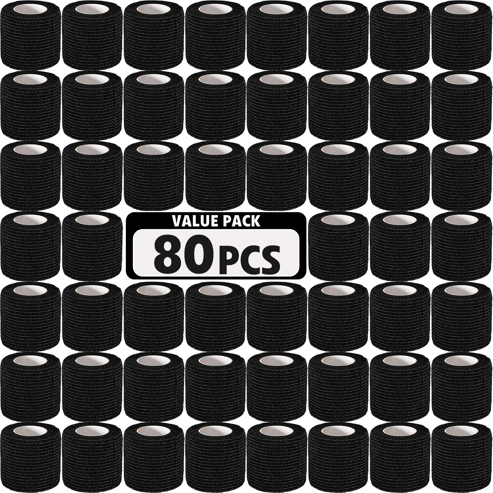AZEN 80 Pack Self Adhesive Bandage Wrap Black, 2" X 5 Yards Black Athletic Tape, Vet Wrap, Tattoo Grip Tape Wrap，Ankle Tape, Cohesive Bandage Wrap