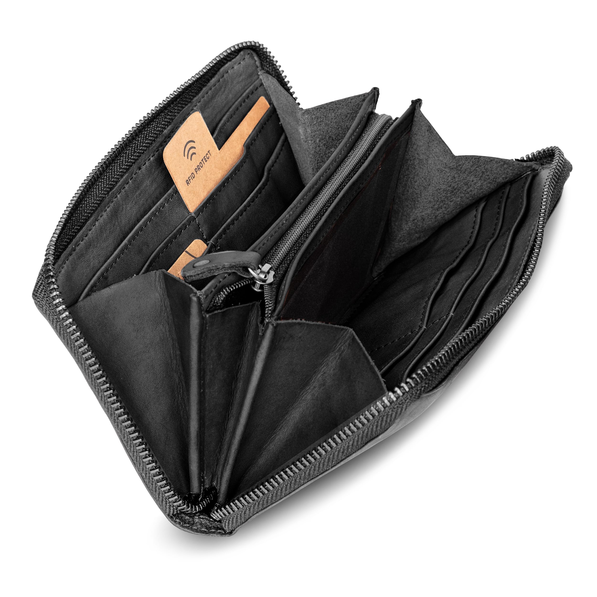 Geldbörse MALU, Damen Portemonnaie aus gewaschenem Leder, mit praktischen Kleingeld- sowie Kartenfächern, Portmonee im Used-Look mit Reißverschluss, Graphite