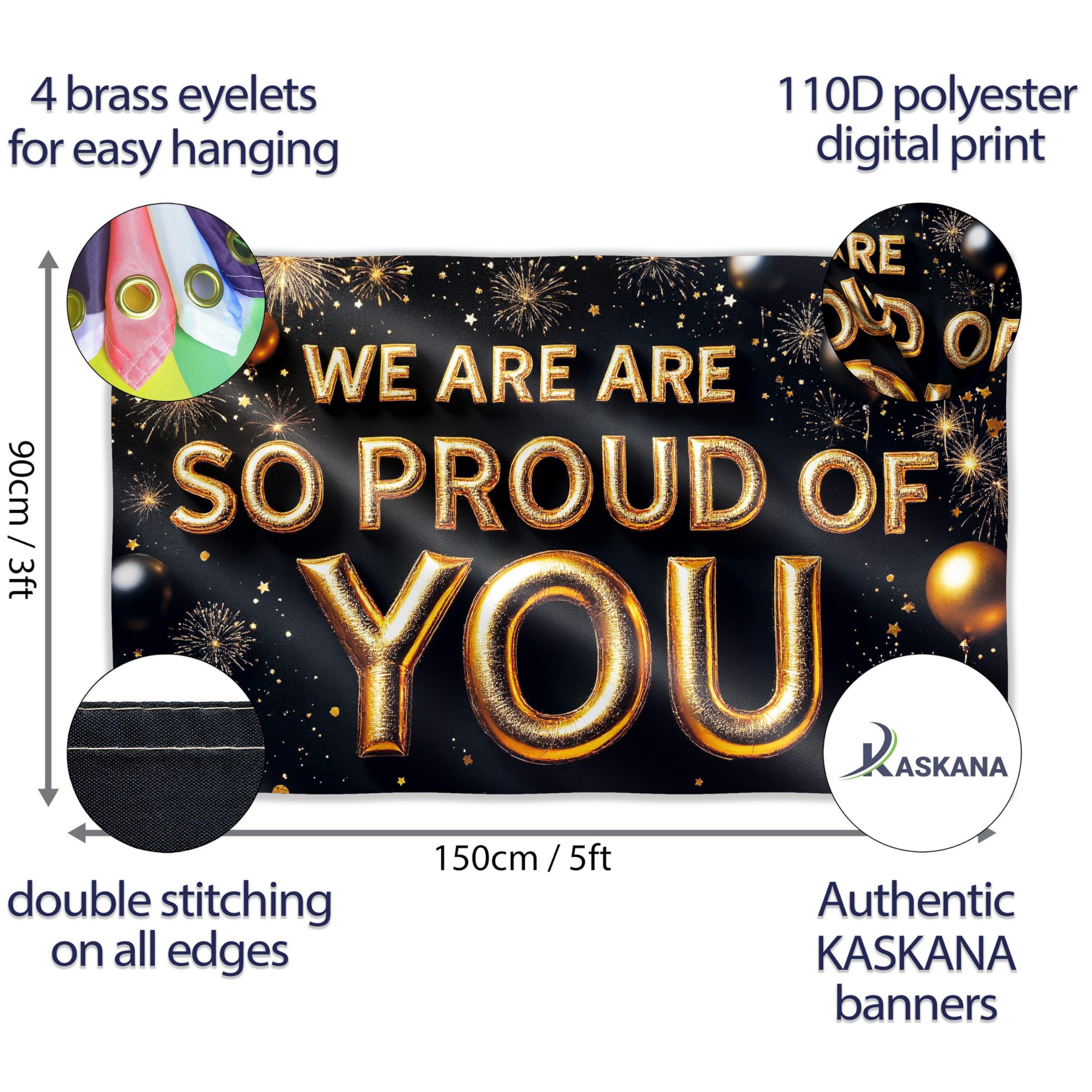 Congratulations Banner - Graduation Banner 5ft x 3ft - We are so Proud of You Decorations - Well Done - You Did It (Black & Gold) - Image 2