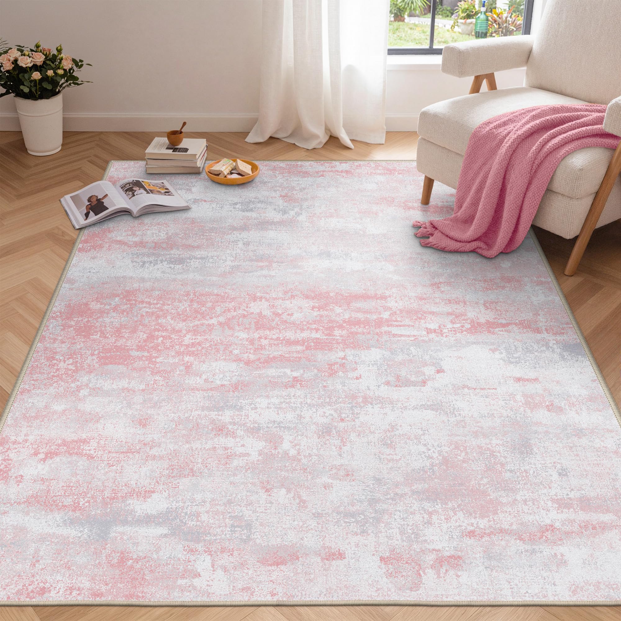 BEIMO 8x10 Area Rug for Bedroom, Pink White Washable Abstract Non Slip Rug