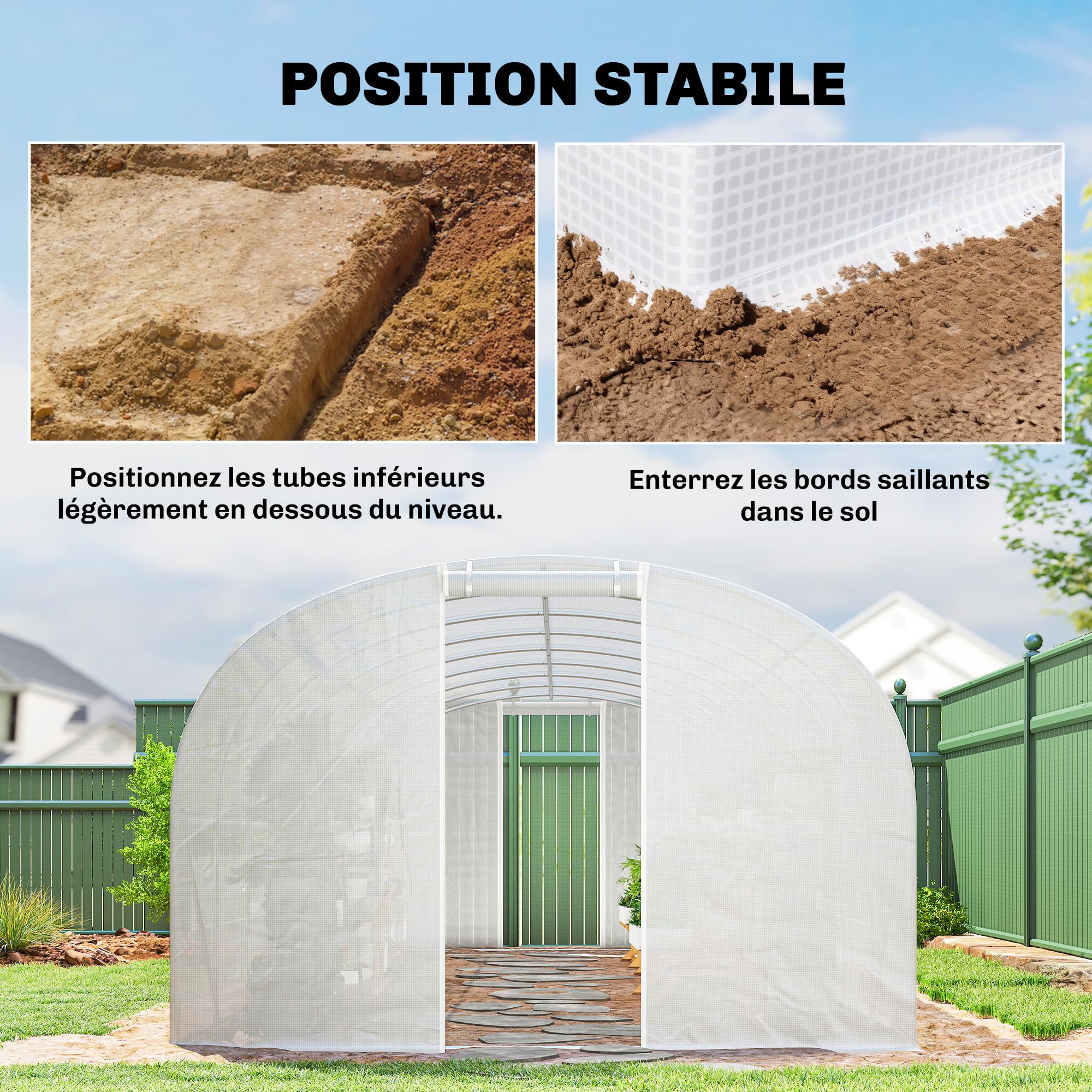 Outsunny Serre Tunnel de Jardin 24m², Serre de Jardin Tunnel 295x798x198cm avec Cadre en Acier galvanisé, Portes et 2 Grandes fenêtres, bâche PE Haute densité 140 g/m² prolongée de 20 cm, Blanc