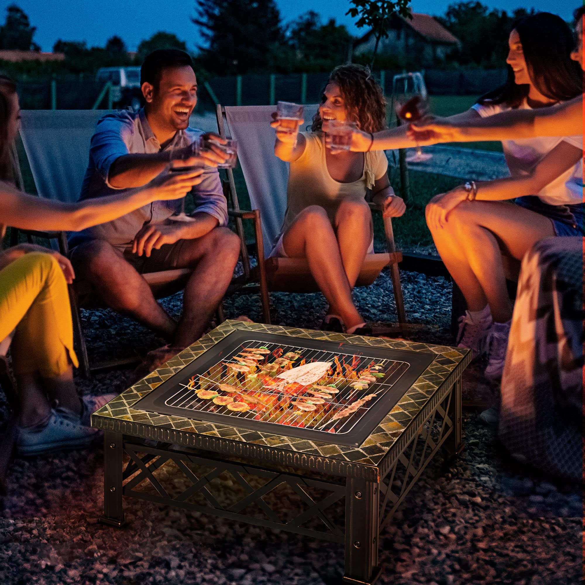 Outsunny Braciere da Giardino 76x76x47cm Nero con Coperchio Parascintille e Griglia per Barbecue