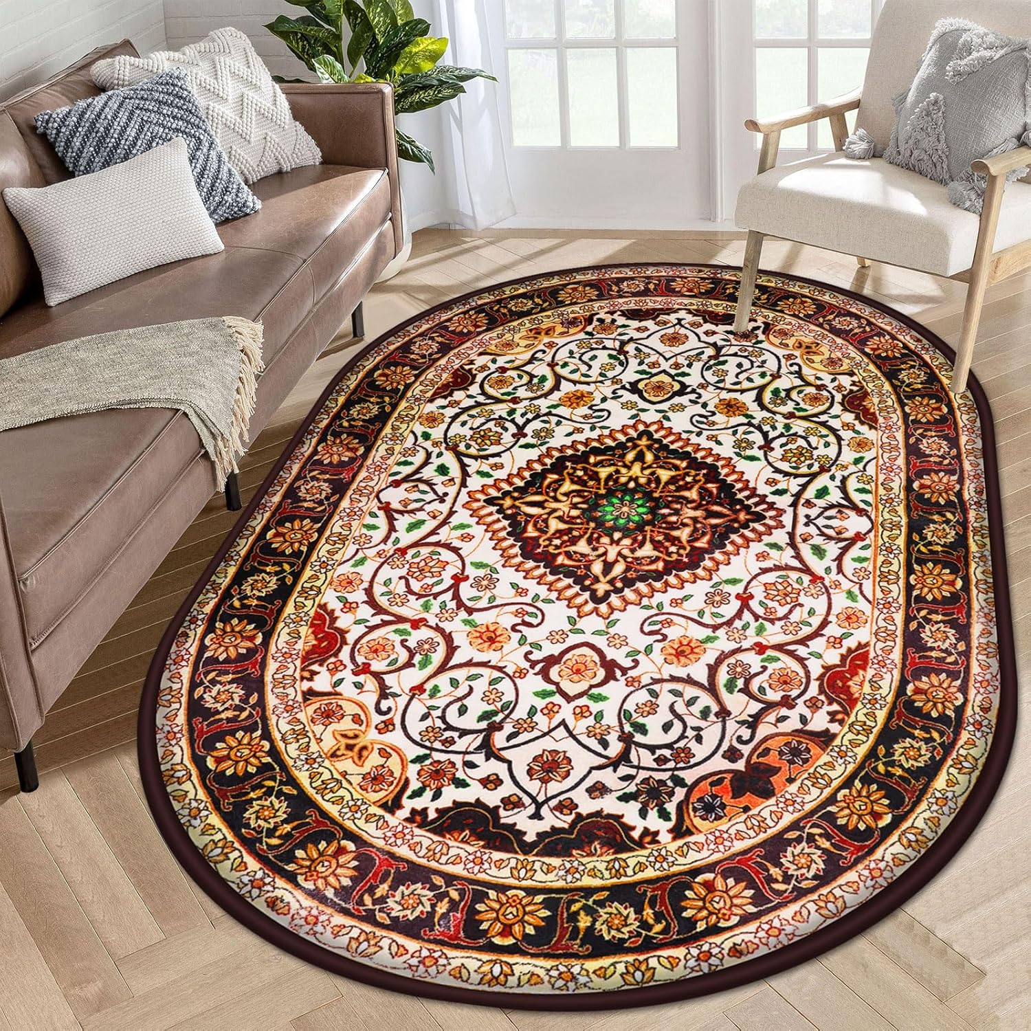 Boho Area Rug 4'x6', Oval Round Rug Washable Vintage Rug Doormat Soft Faux Wool Entryway Rug