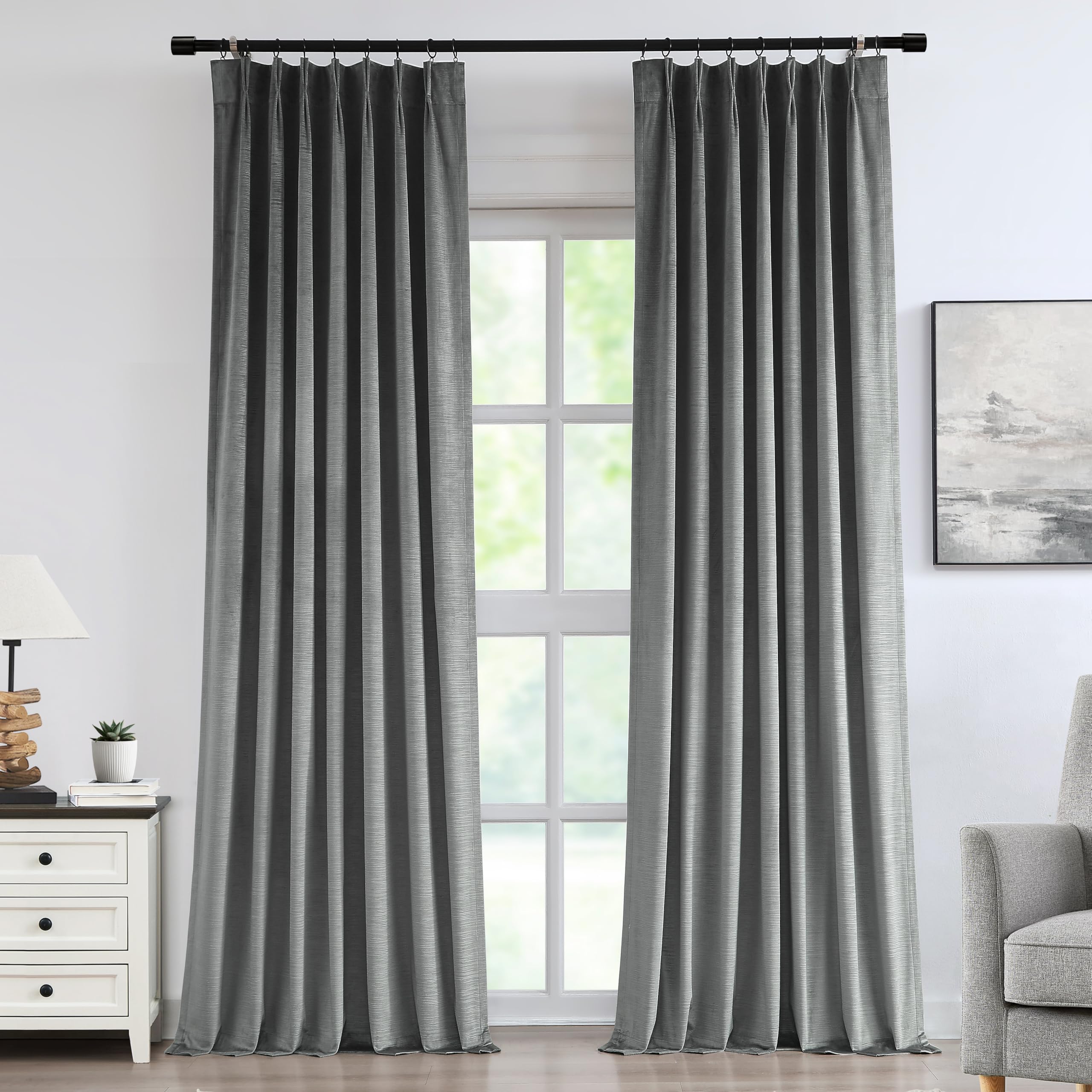 Vision Home Dark Grey Velvet Pinch Pleated Blackout Curtains 95% Room Darkening Window Curtains 108 inch for Living Room Bedroom Thermal Insulated Velvet Pleat Drapes Pin Hooks 2 Panels 40" Wx108 L