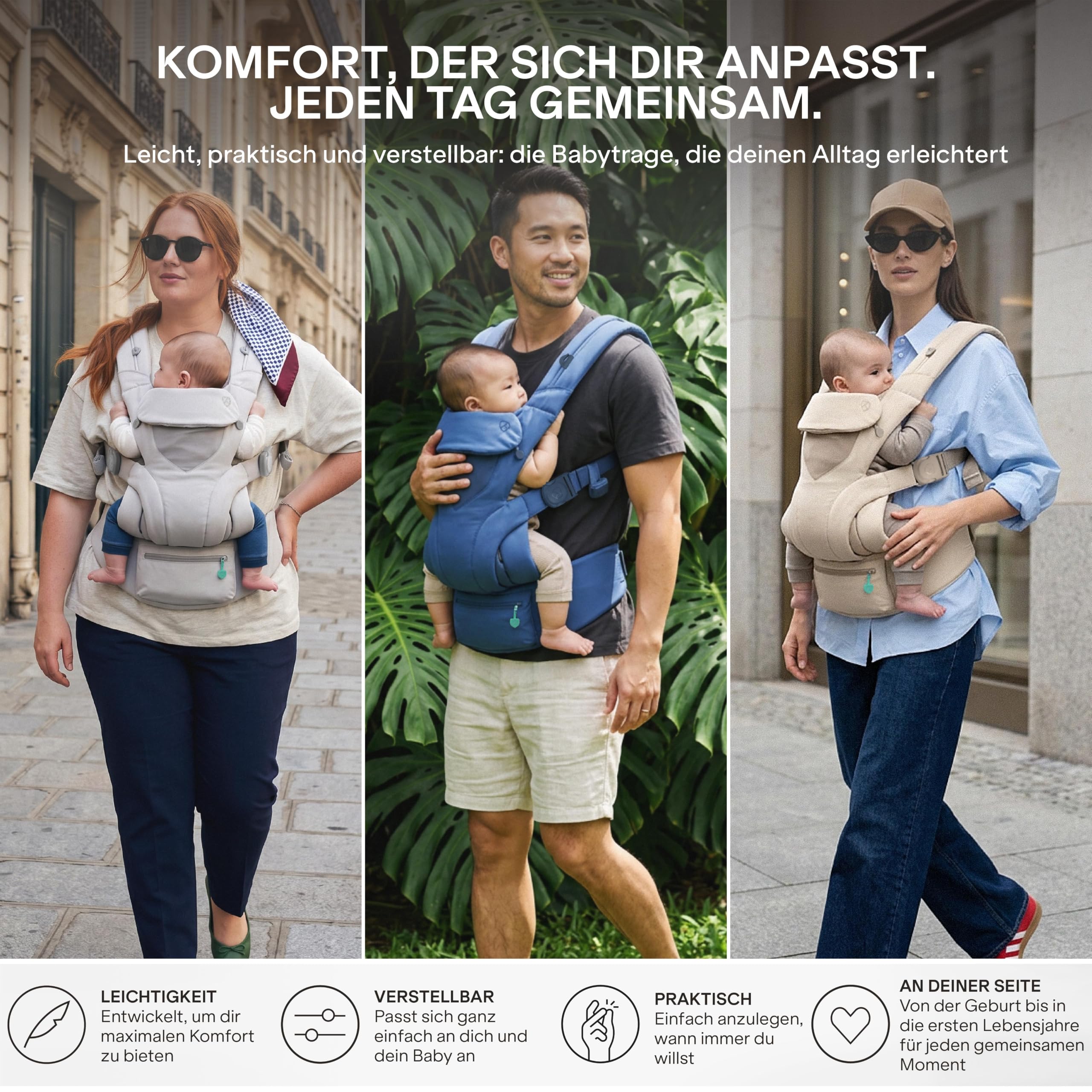 Koala Babycare Babytrage Neugeborene ab Geburt 0–36 Monate (3,2–20,4 kg) – Baby Trage mit Patentiertem Mitwachsendem Sitz in 3 Größen, Verstellbare Kopfstütze, Bauch-, Front- und Rückentrageweise