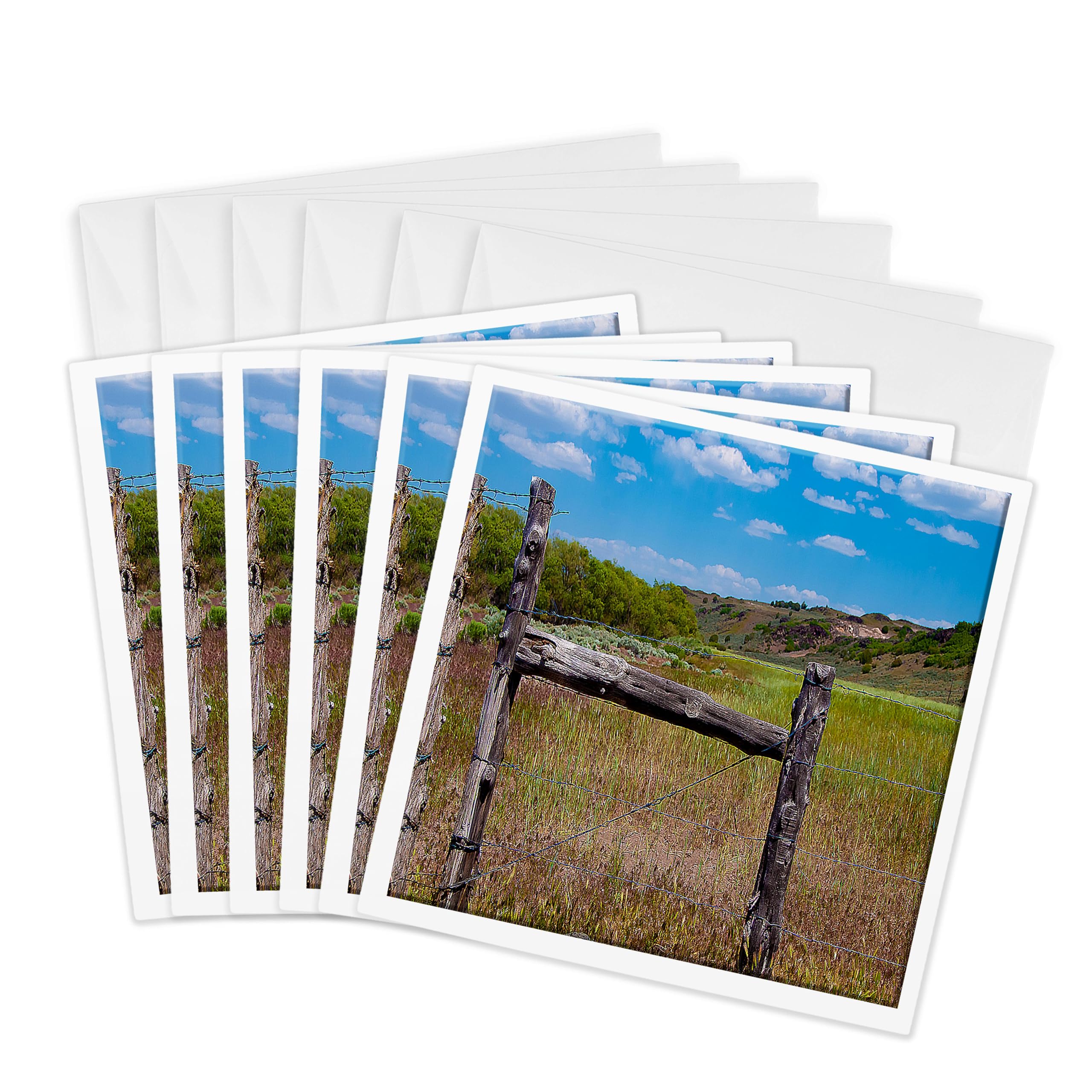 3dRose Greeting Cards - An Old Wooden Fence In Enterprise, Utah with Vibrant Colors of Green and Blue from Sky and Grasses - 6 Pack - Realistic