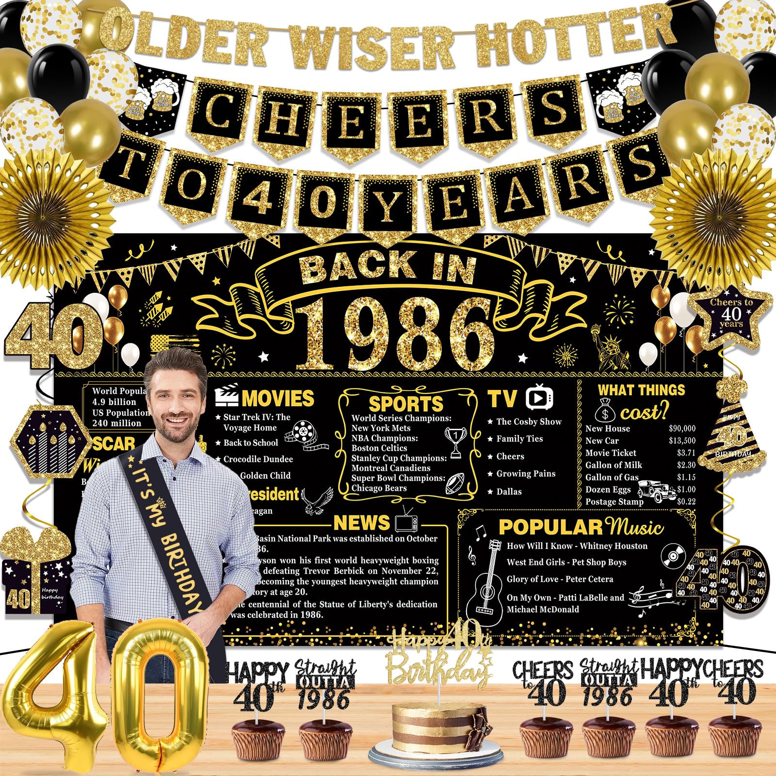 40th Birthday Decorations for Men Women,16PCS Back in 1985 Party Banner Decorations,Including Vintage Backdrop,Cheers to 40 Years Banner,7 Hanging Swirl,Poster Anniversary Card,6 Paper Poms