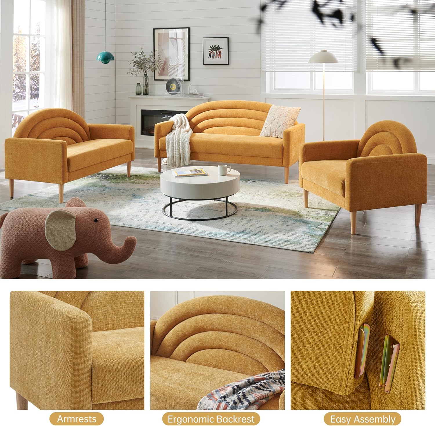 49" Small Loveseat Sofa for Small Spaces, Mid Century Modern Sofa, Linen Upholstered Furniture with Wood Frame, Mini Couch for Living Room/Bedroom/Apartment, Office Couch, Easy Assembley, Yellow