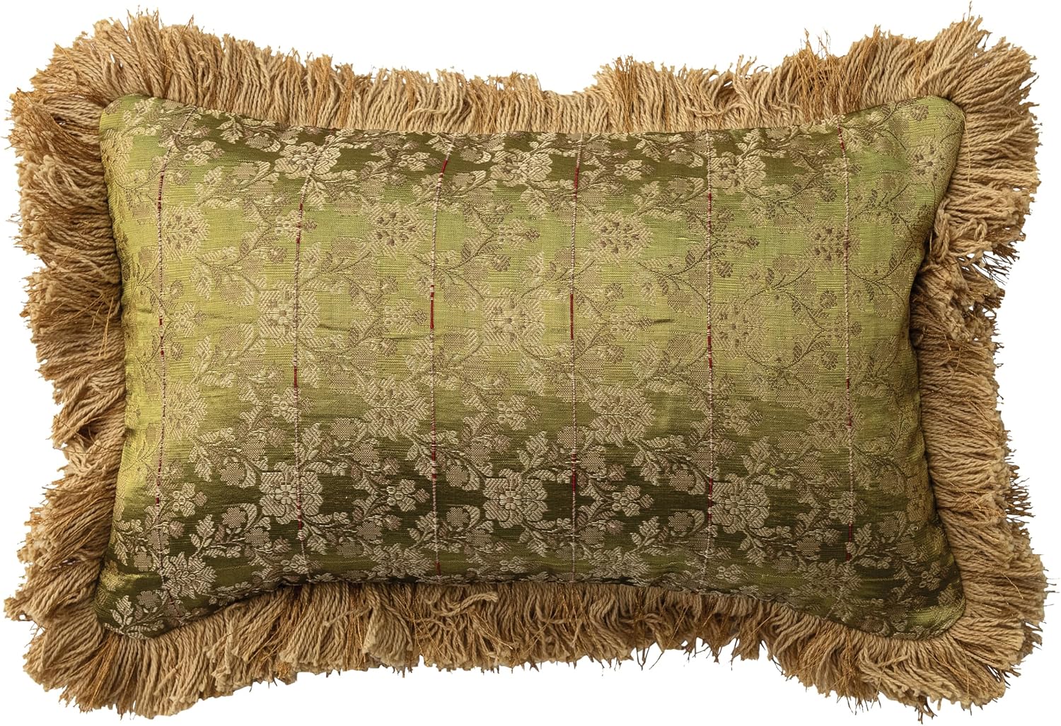 Creative Co-Op Jacquard Fabric Blend Lumbar Pillow with Brocade, Fringe & Velvet Back, Multicolor