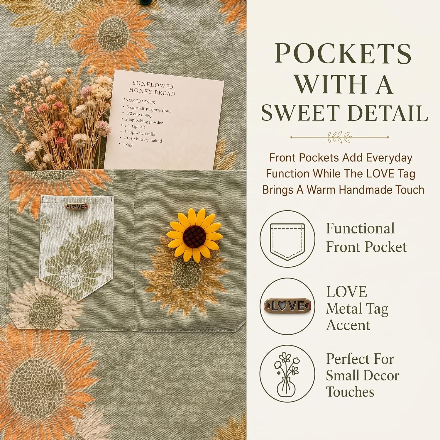Oven Curtain with Snap Button, Love Tag, Sunflower Kitchen Decor