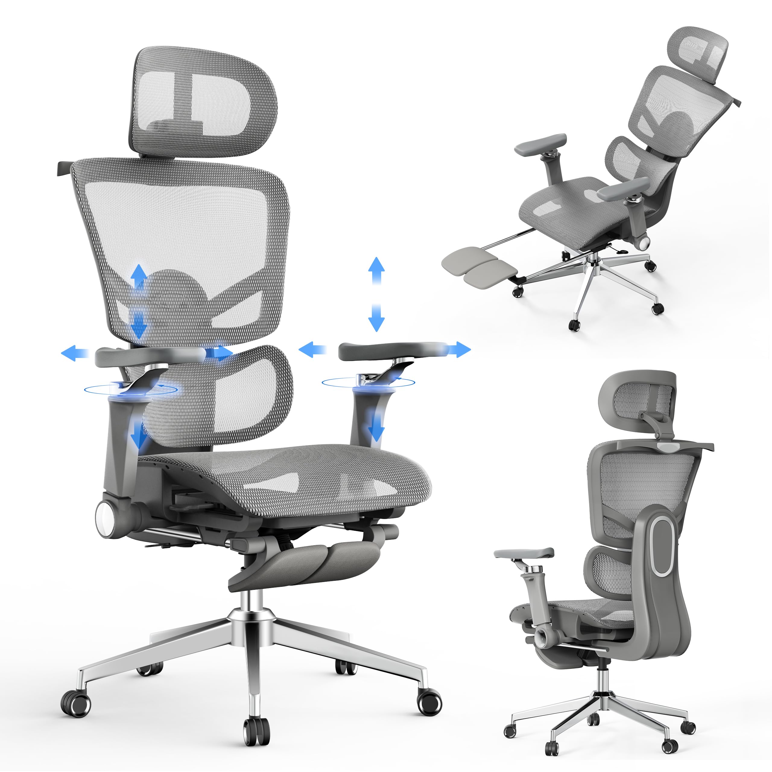 naspaluro Ergonomic Office Chair Comfortable Desk Chair and Armrests 6D Adjustable, Computer Chair with Headrest, Flip Up Armrests (Grey)