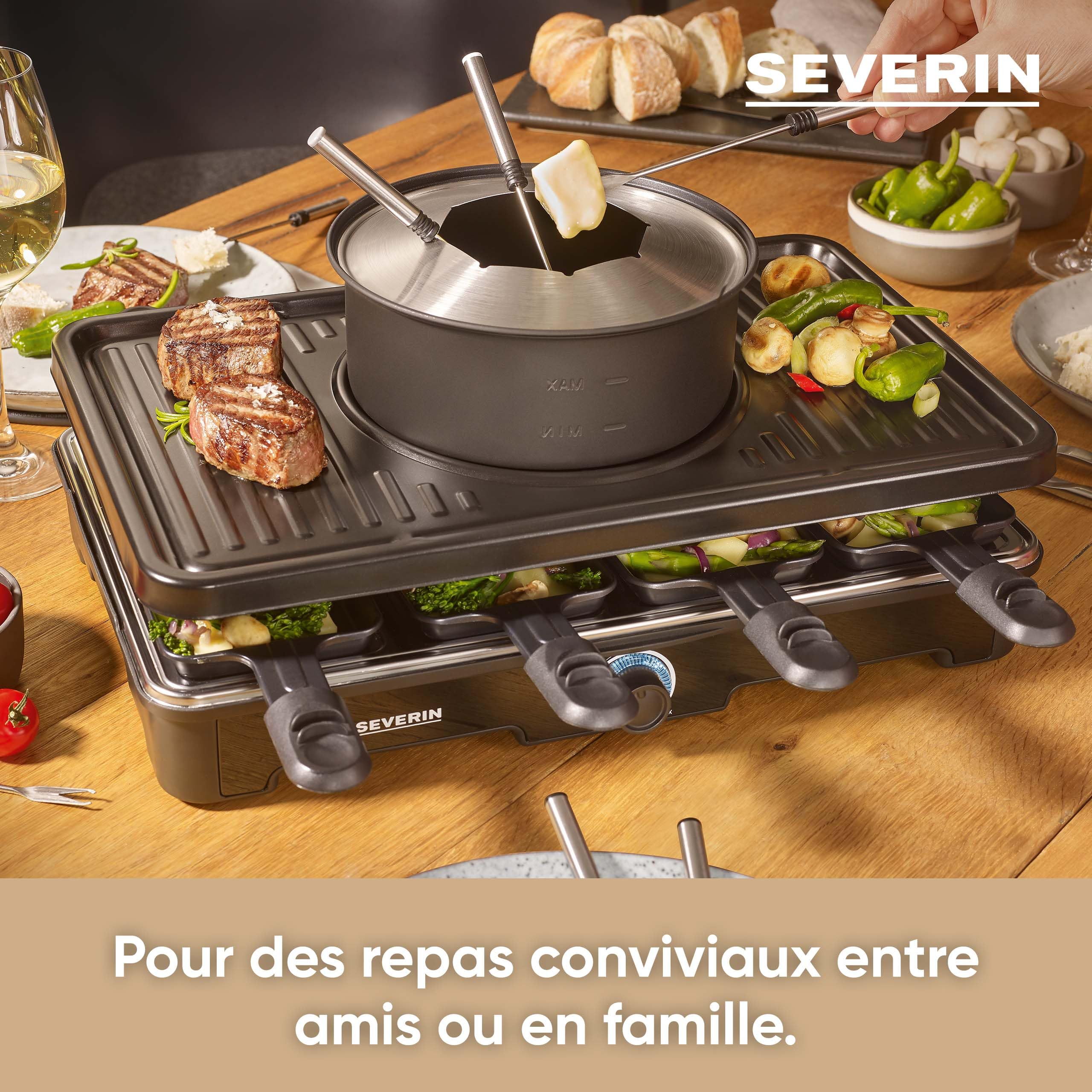SEVERIN Appareil à Fondue et Raclette pour 8 personnes, Appareil à raclette 2 en 1 avec Plaque de cuisson et Service à fondue, Inclus 8 poêlons, spatules et fourchettes à fondue, Noir, RG 2347
