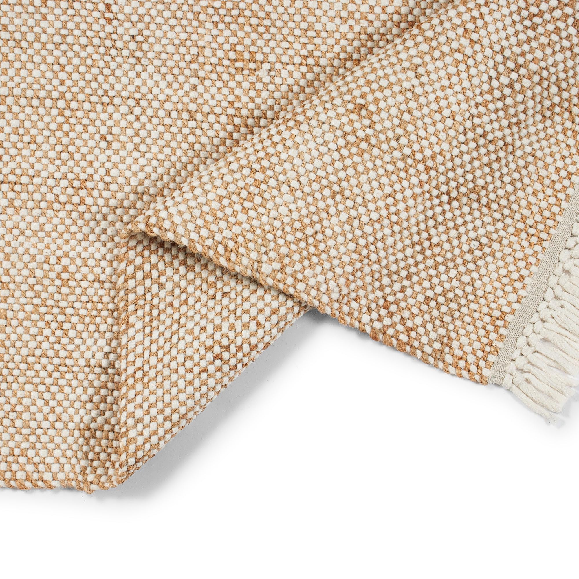 Elegant Floors® Jute-Wolle Teppich Natur | Handgefertigtes Boho Wohnaccessoire mit Fransen im Skandi Stil | Moderner Wohnzimmer Teppich für Boden Deko und Läufer | 70x130 cm