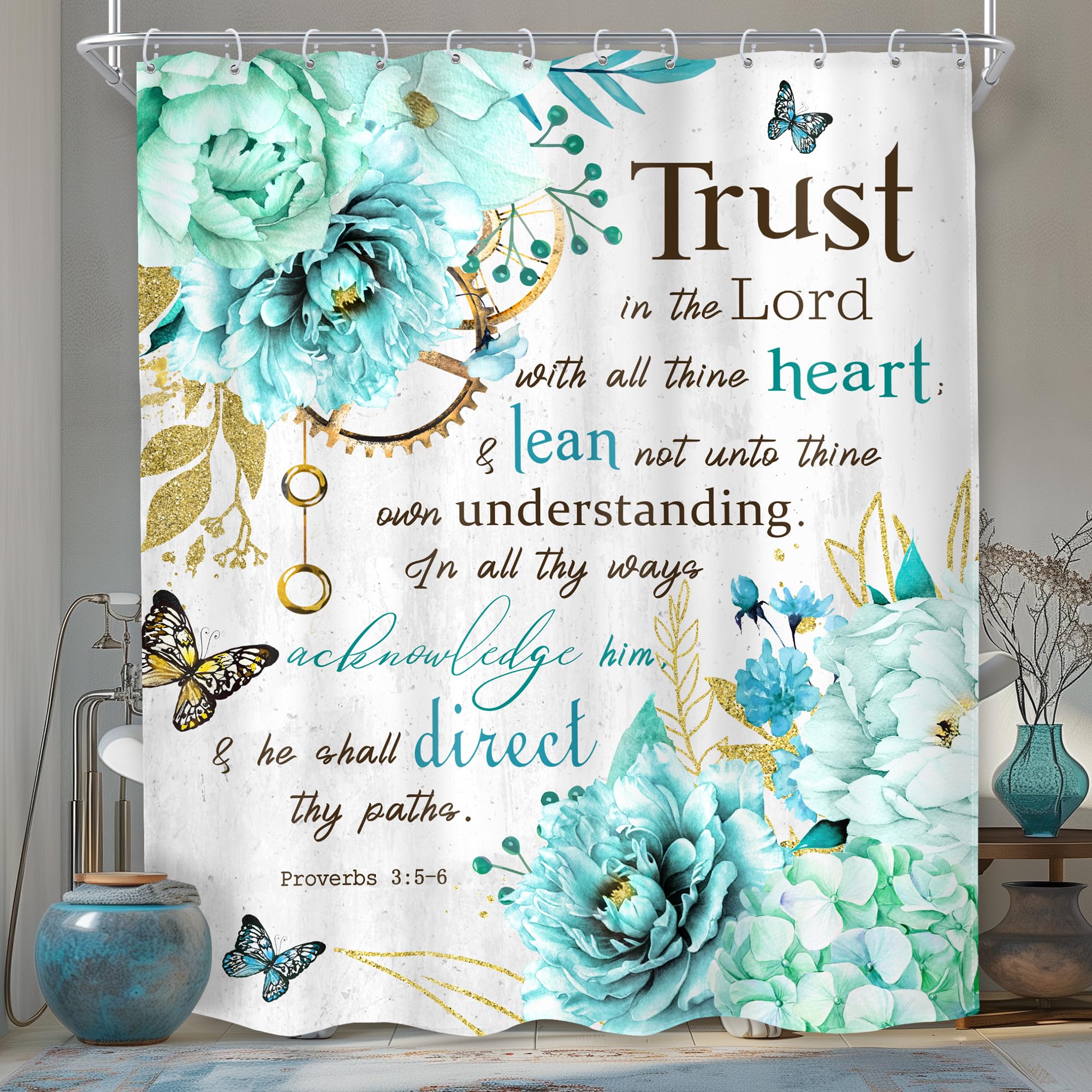 MESHELLY Teal Shower Curtain 60Wx72H Farmhouse Flower Christian Bible Verse Bathroom Decor for Women Rustic Inspiration Quote Scriptures Blue Floral