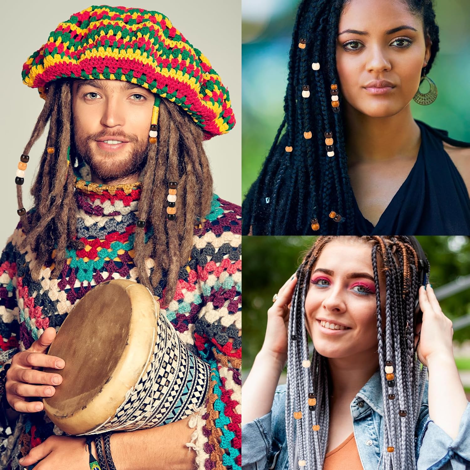 300pcs Wooden Beads for Crafts, 9x10mm & 11x12mm Round Large Hole Natural Wood Hair Bead, Vintage Wooden Spacer for Macrame Necklace Bracelet DIY Craft Handmade Decor- 5 Colors - Image 4