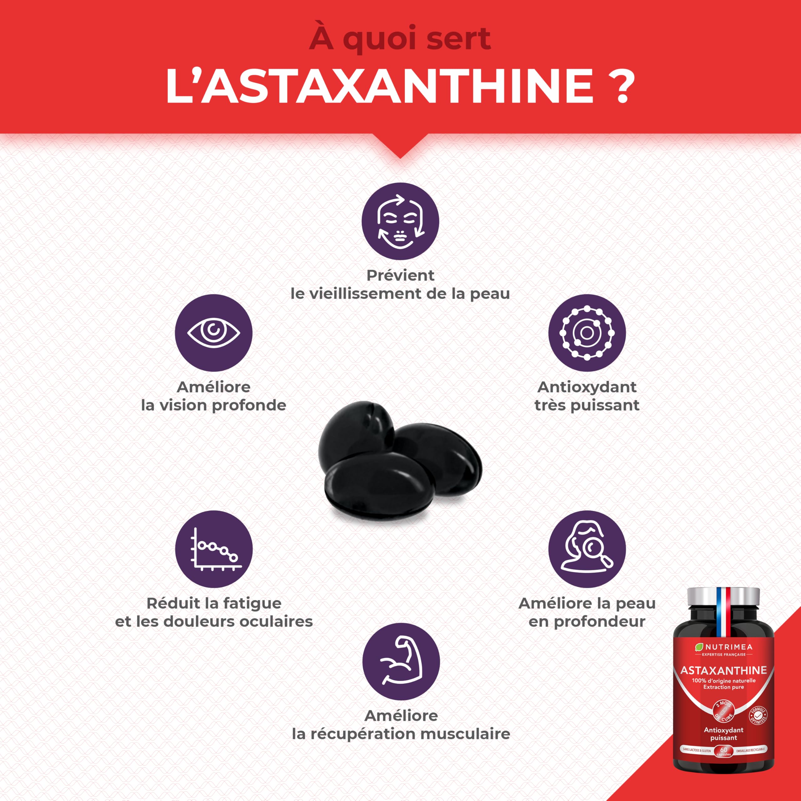 Astaxanthine - Extrait de Haematococcus Pluvialis 40 mg - 100% Naturel - Vegan - Antioxydant - Formule Premium - 60 Capsules - Nutrimea - Fabriqué en France