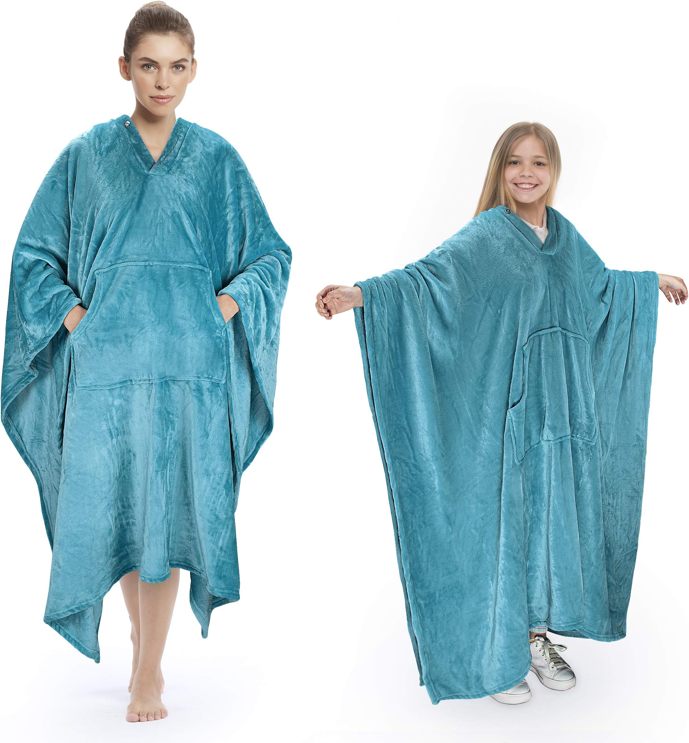 Poncho Blanket Super Soft Comfy Plush Wearable Fleece Blankets Gift for Adult Women Men Kids Throw Wrap Cover Indoors & Outdoors, 55''x 80'' Aqua