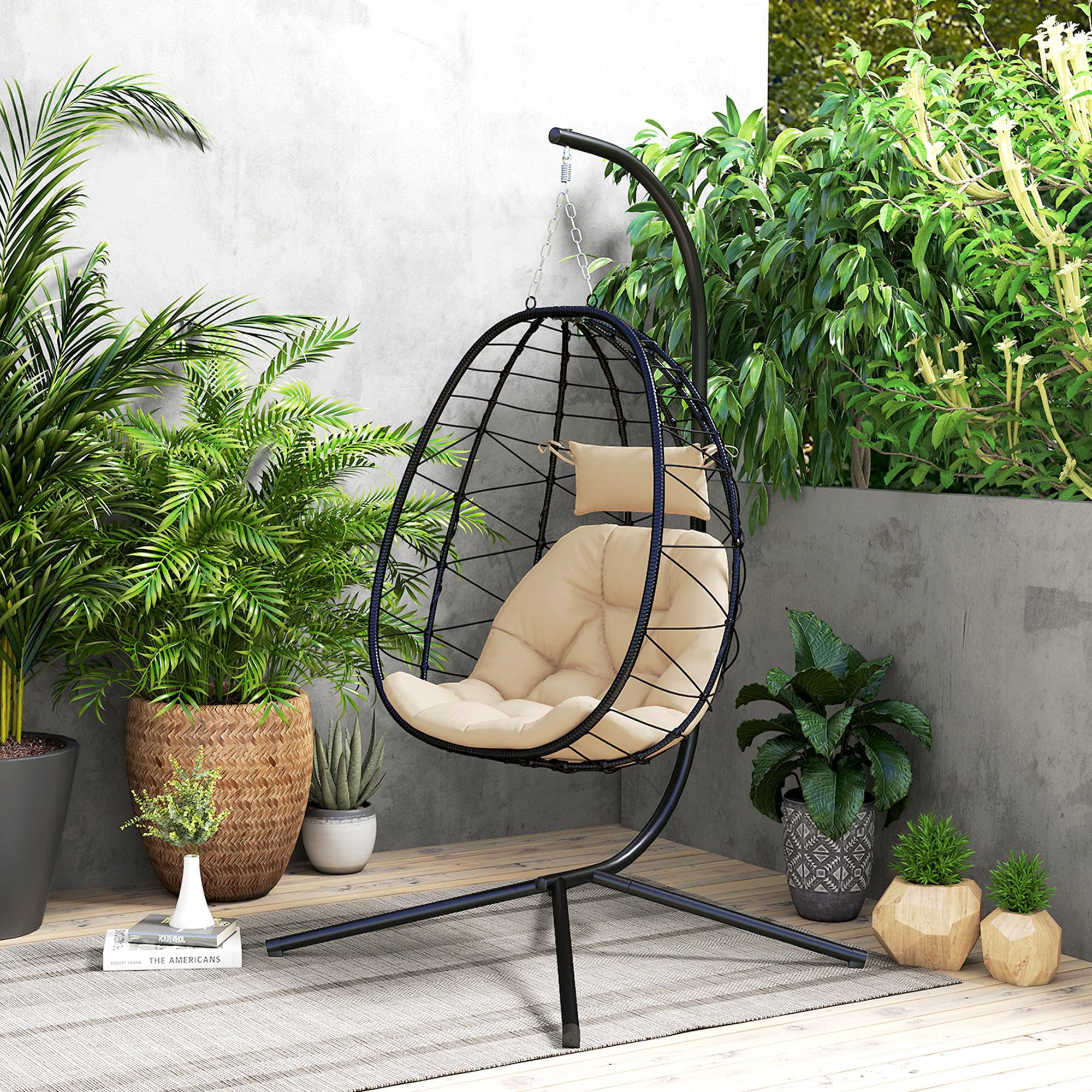 Outsunny Silla Colgante Huevo con Soporte Columpio Jardín Exterior con Cesta Plegable Cojín y Reposacabezas Columpio Colgante para Interior y Exterior Carga 120 kg Caqui