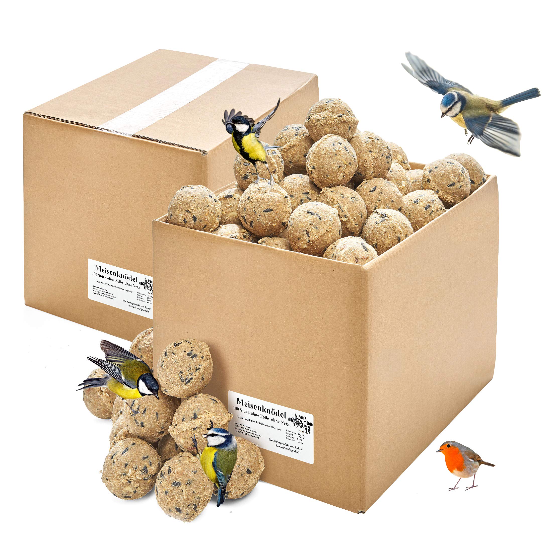 Paul's Mühle Meisenknödel für Wildvögel, ohne Netz, ohne Folie im Karton, 200 Stück, 90 g pro Knödel