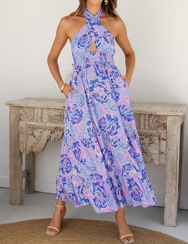 ZESICA Women's 2025 Summer Crossover Halter Neck Sleeveless Plaid Cut Out Backless Flowy A Line Maxi Dress,BluishViolet,Medium by ZESICA - Used condition - Image 3