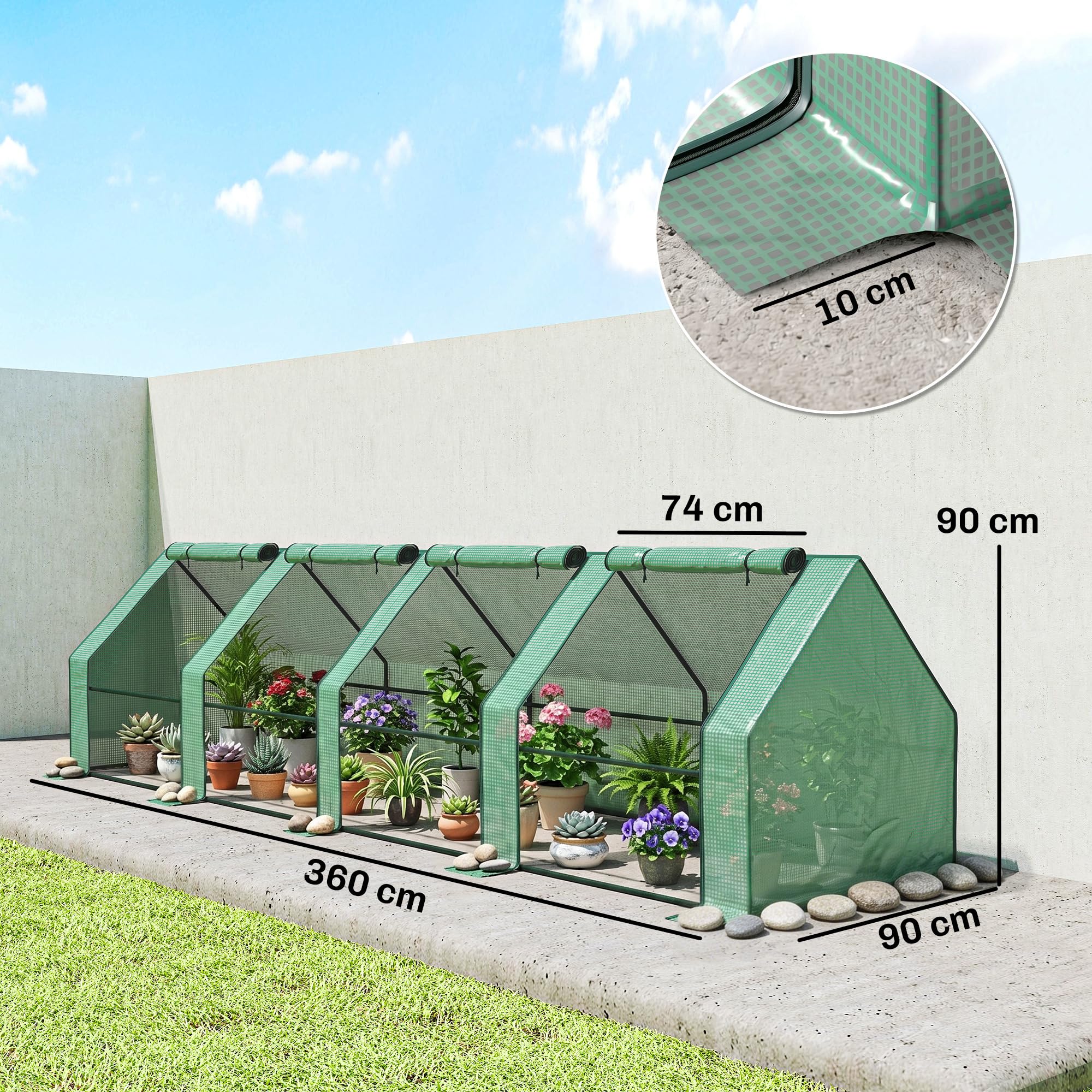 Outsunny Szklarnia z oknem na suwak 360x90x90 cm zielony | Szklarnia foliowa zimoodporna ze stali, na balkon, ogród, do uprawy pomidorów, warzyw, kwiatów