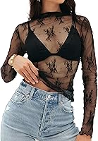 MEROKEETY Women's Mesh Sheer Lace Long Sleeve Y2K Top - Sexy Mock Neck See-Through Blouse for Parties & Layering