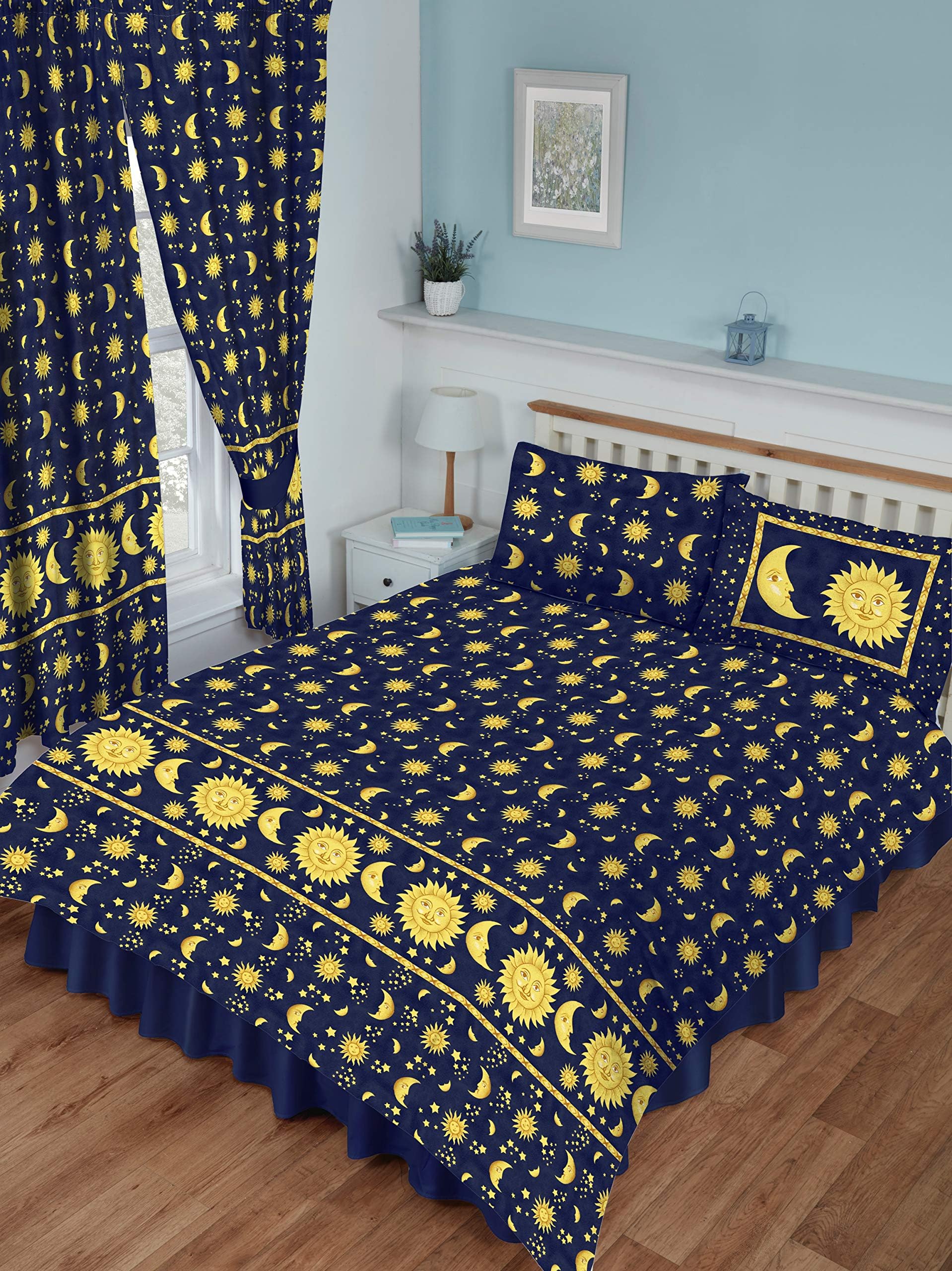 My HomeDouble Bed Size Sun And Moon Blue, Navy Duvet Cover Set, Sun Crescent Moon Stars Space, Blue Speckle Yellow Gold