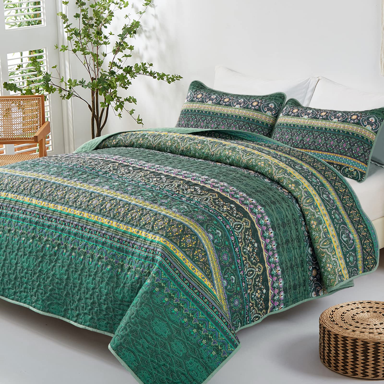 WONGS BEDDING Bohema narzuta na łóżko królewskie, boho, wzór w paski, pikowana narzuta na łóżko na każdą porę roku, miękka kołdra z mikrofibry, rozmiar king size, 240 x 260 cm