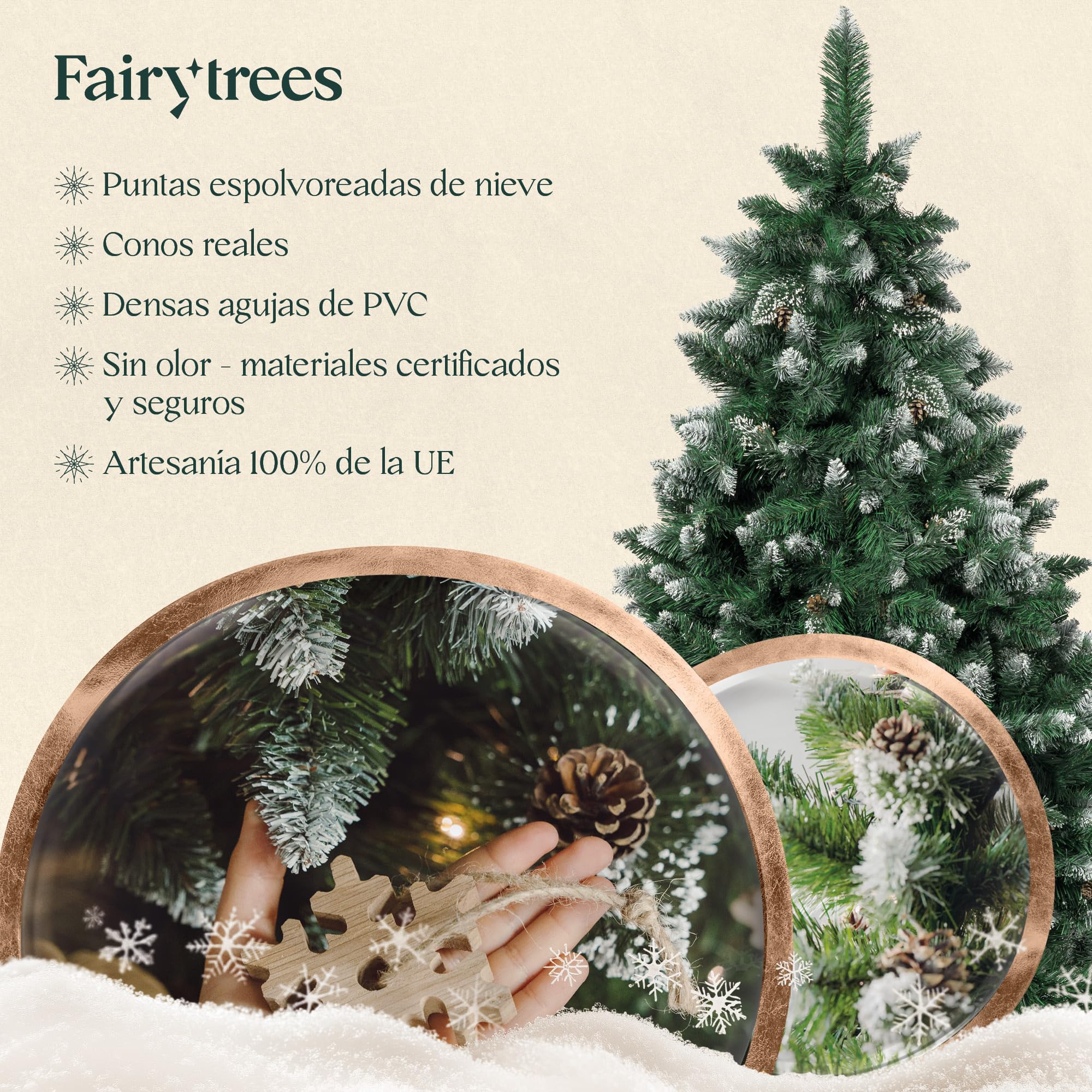 FairyTrees árbol de Navidad Artificial 220cm Pino con el Soporte de Madera | árbol Artificial Blanco nevado| Fabricado en EU
