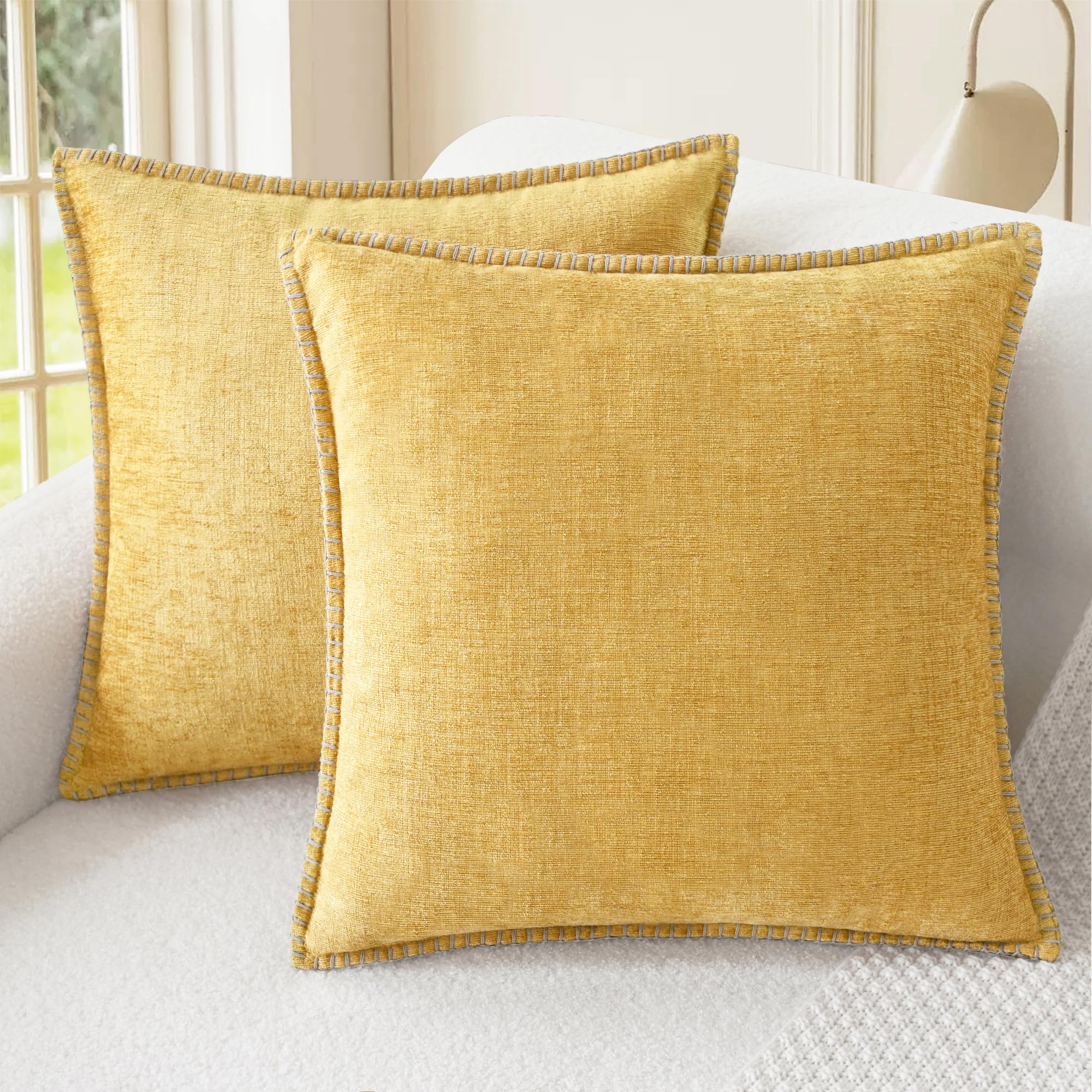 CaliTime Throw Pillow Covers Decorative 18 X 18 Inches Pack of 2 Cotton Thread Stitching Edges Solid Dyed Soft Chenille Cushion Cases for Couch Sofa