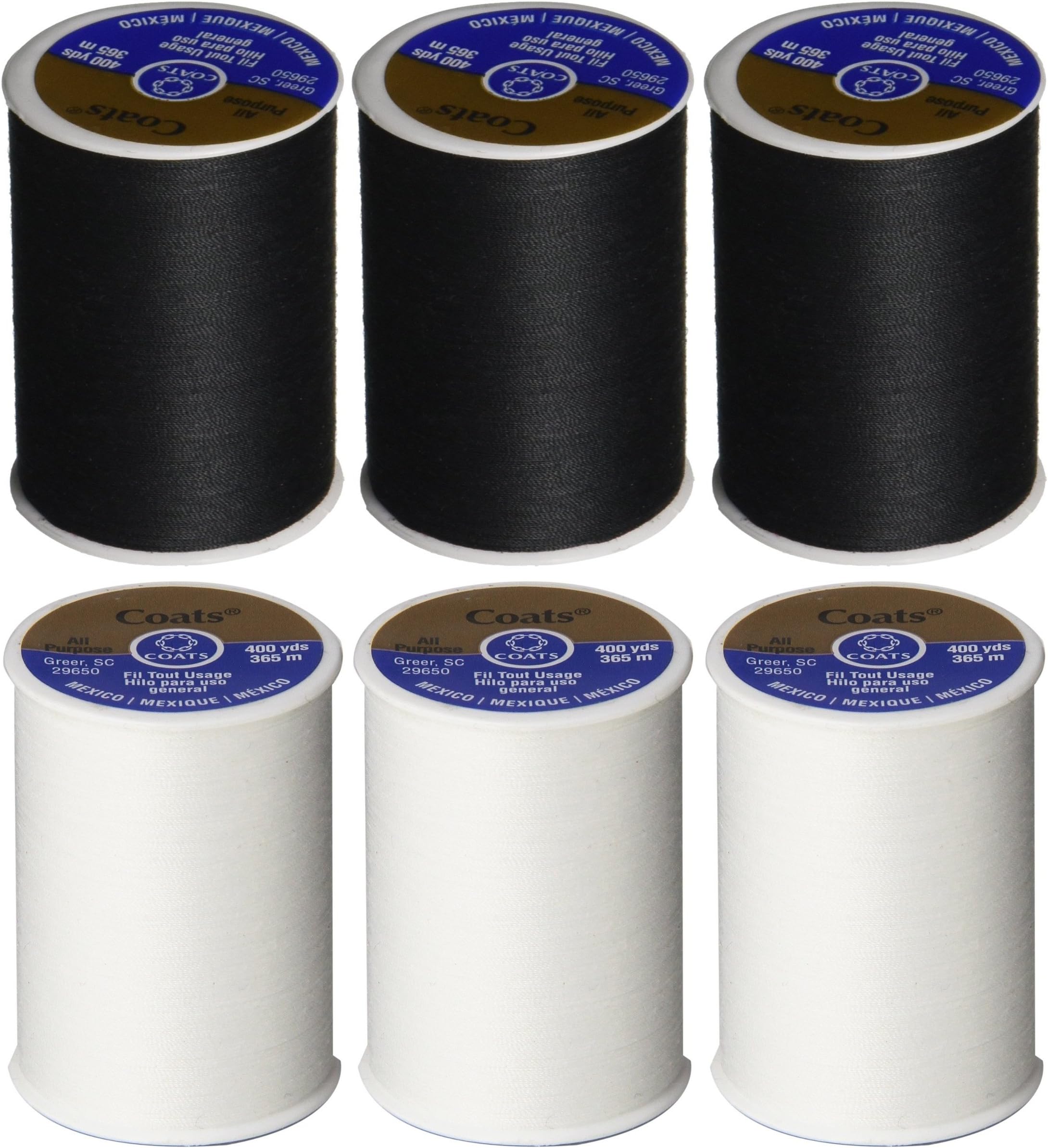 Coats & Clark 6 Pack Bundle - (3 Black + 3 White) - Dual Duty All-Purpose Thread - Three 400 Yard Spools each of BLACK White