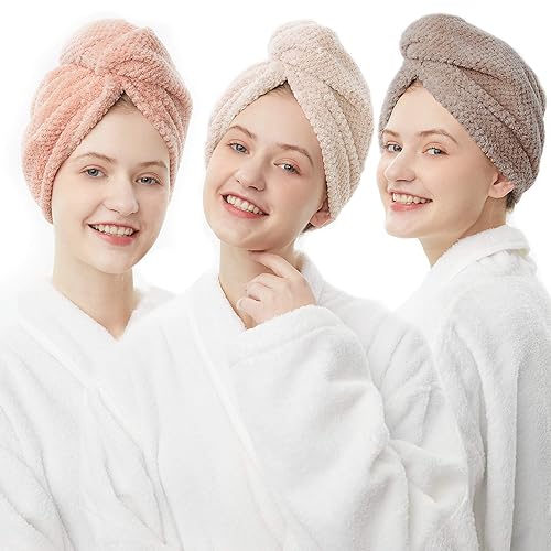 ELLEWIN Paquete de 3 toallas para el cabello, turbante de ducha de microfibra con botones, toallas de pelo súper absorbentes de secado rápido para