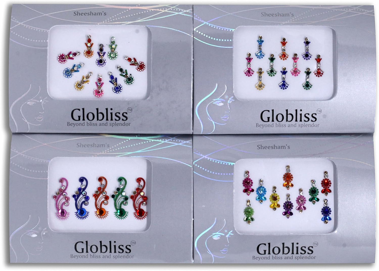 4 Packs Crystal Indian Bindis Multicolored Jewels face Gems Forehead Sticker