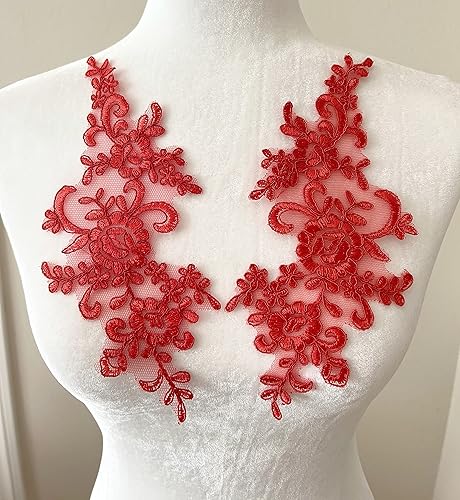 Miniatura 6 de PEPPERLONELY 1 par de parches de tela de encaje fino bordados adornos apliques decoración de vestido, rojo vino, 10 x 6 pulgadas
