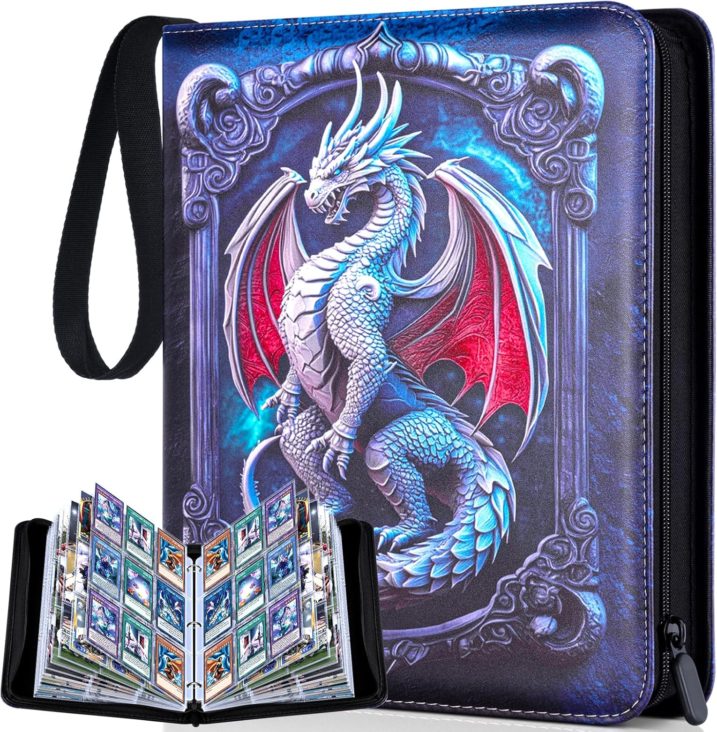 Trading Card Binder, 9 Pocket Card Binder with Sleeves, 50 Pages, 3 Ring Trading Zipper Binder Card Album for TCG CCG MTG Baseball Cards Game Card (Dragon)