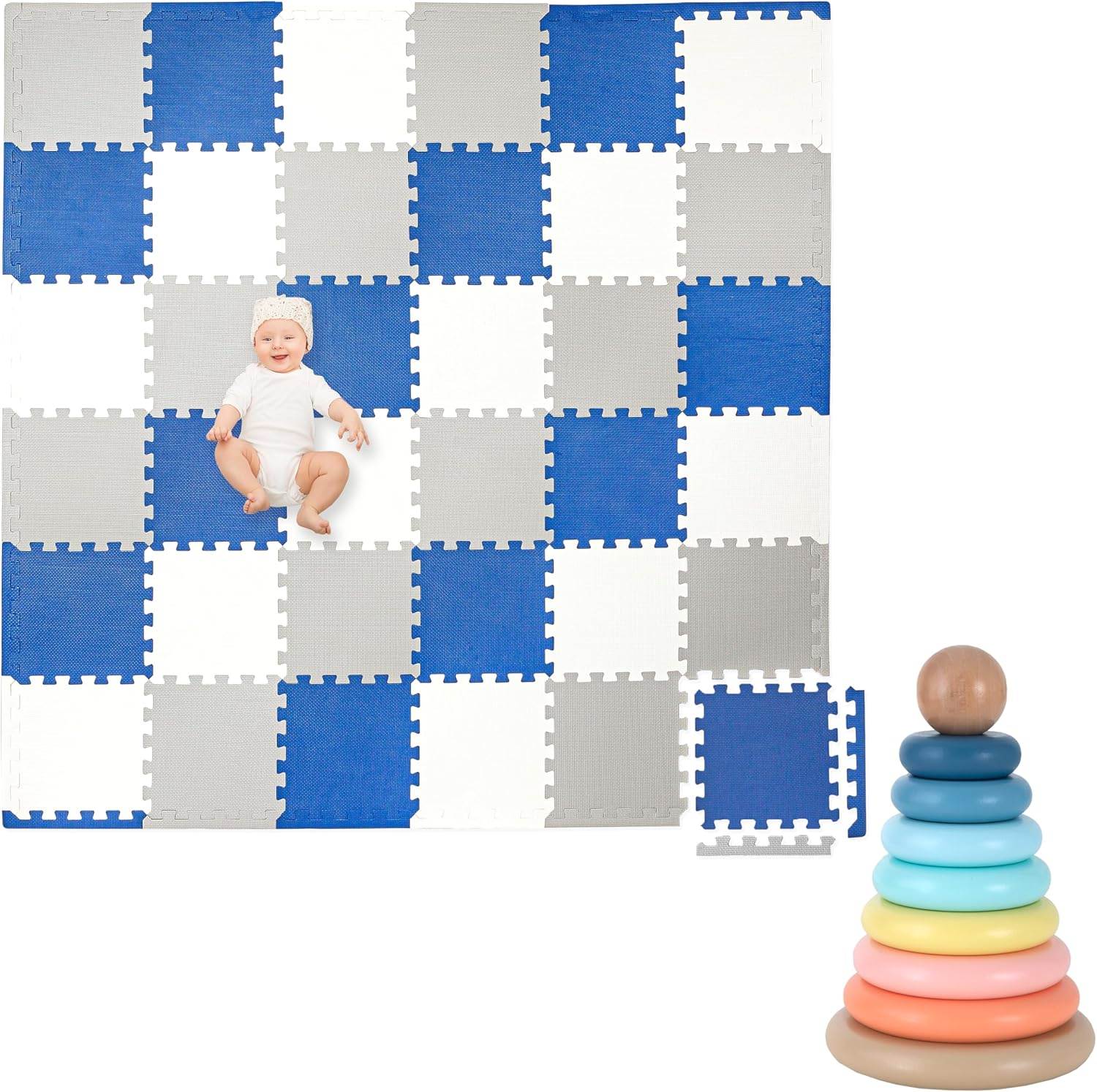 Play Platoon Non-Toxic Kids Play Mats & Wooden Rainbow Stacking Toy Ring Stacker, Educational Interactive Learning Toys for Toddlers & Little Kids