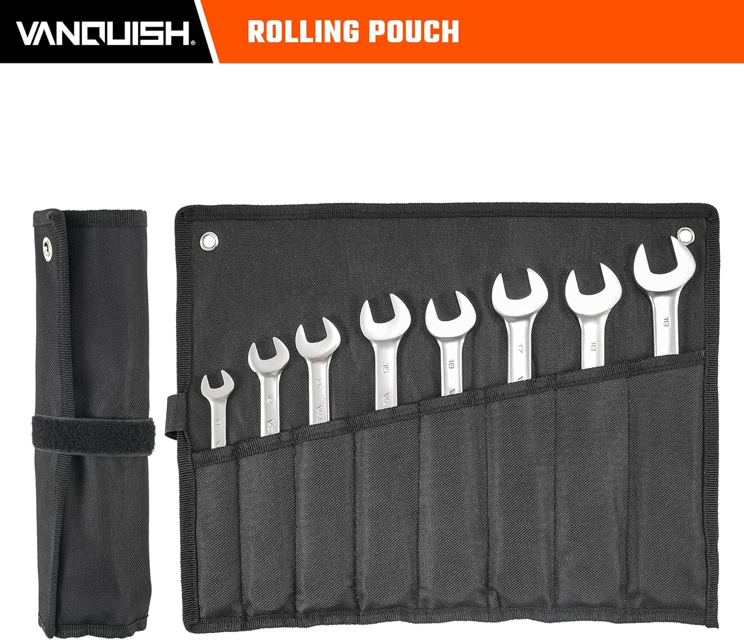 Vanquish Super-Thin Open End Wrench Set，8-Piece Metric Wrench Set with Rolling Pouch, 6, 7, 8, 9, 10, 11, 12, 13, 14, 15, 16, 17, 18, 19, 20, 22 mm (1082SET)
