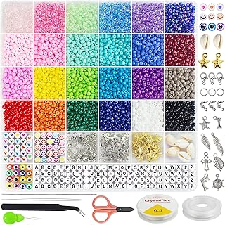Redtwo 3400pcs 4mm Glass Seed Beads for Jewelry Bracelet Making Kit, Small Beads Friendship Bracelet Kit, Tiny Waist Beads Kit with Letter Beads and Elastic String, DIY Art Craft Girls Gifts (4mm)