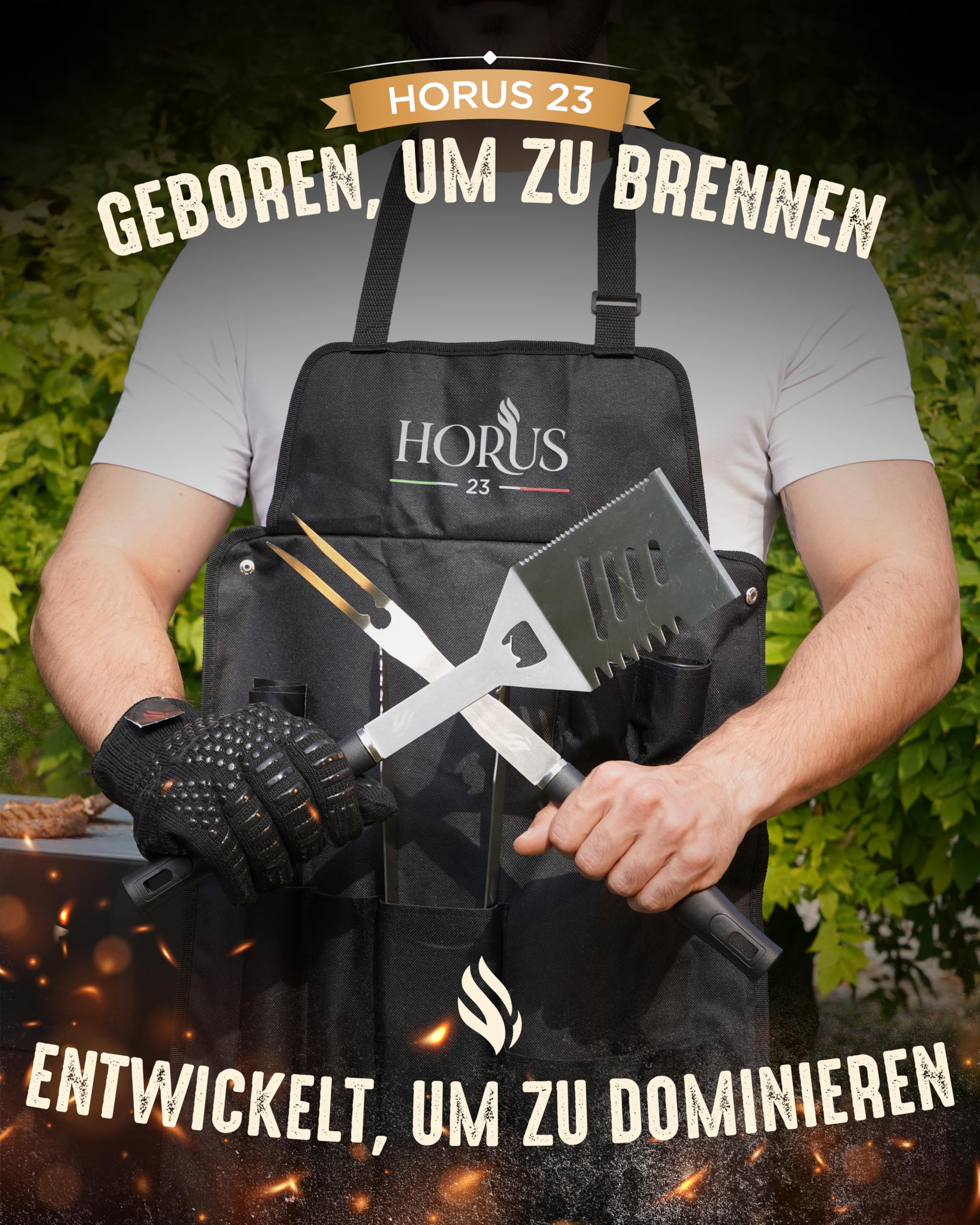 HORUS 23® – Grill Set mit Grill Zubehör aus Edelstahl, Oxford-Schürze, Hitzeschutzhandschuh und Grillmatte - Geschenke für Männer Grillen