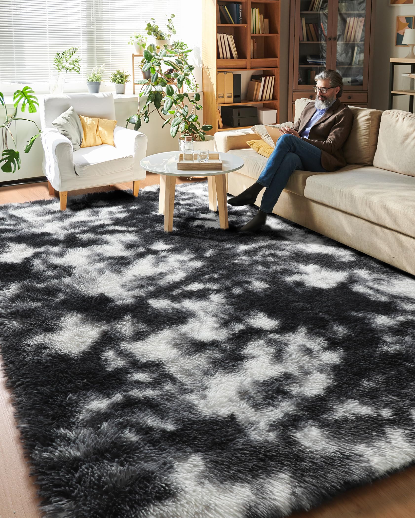 PAGISOFE Black White Grey Bedroom Rug 4x6 Ft, Soft Fluffy Fuzzy Plush Indoor Floor Area Rug for Living Room Kids Room Playroom Dorm Home Office Nursery Men Boys Room Decor Carpet Aesthetic