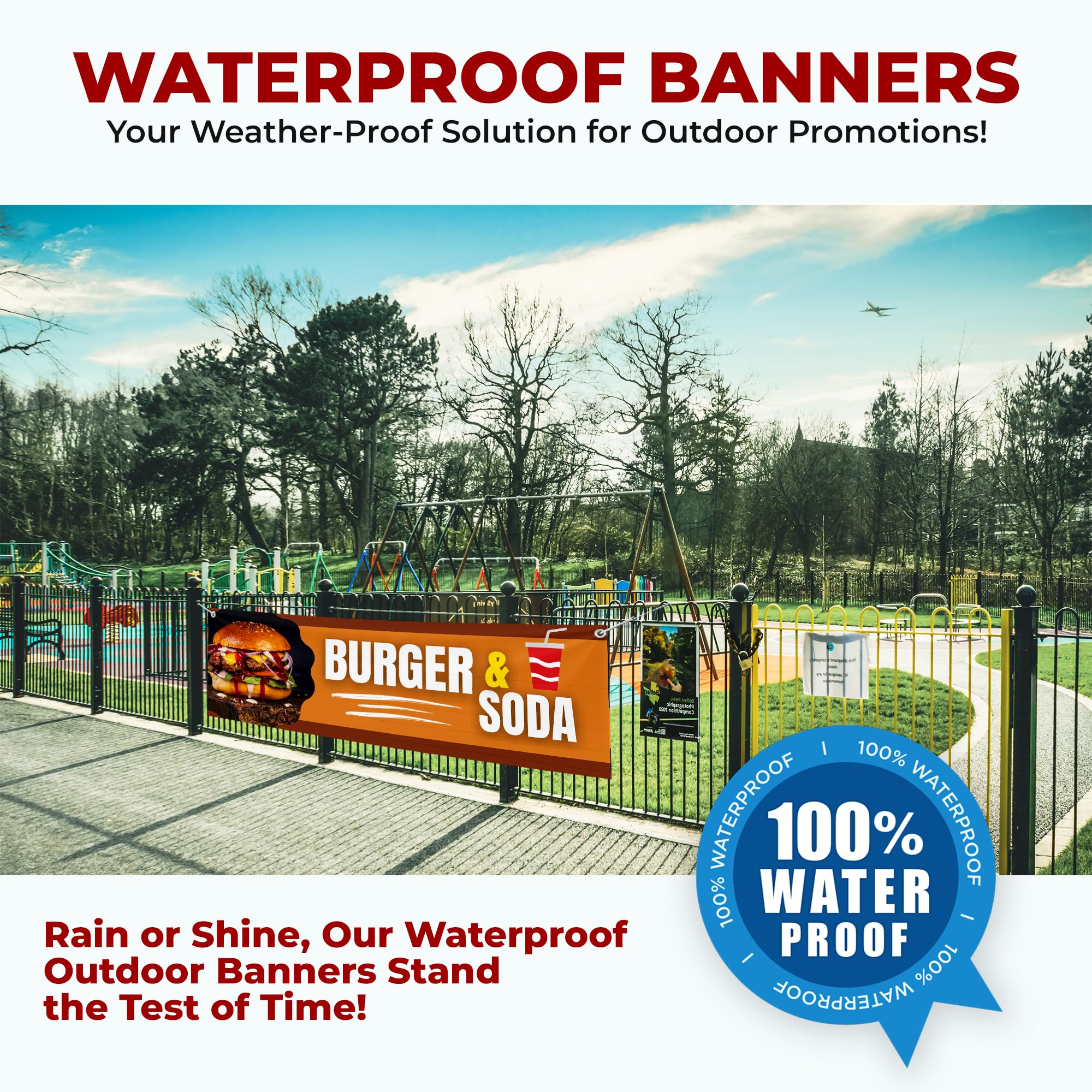 Mavis Print - Pancartas y carteles grandes de hamburguesa y refrescos para exteriores de poliéster con 4 agujeros para colgar fácilmente en interiores y exteriores, pancarta HD de 6 x 2 pies para