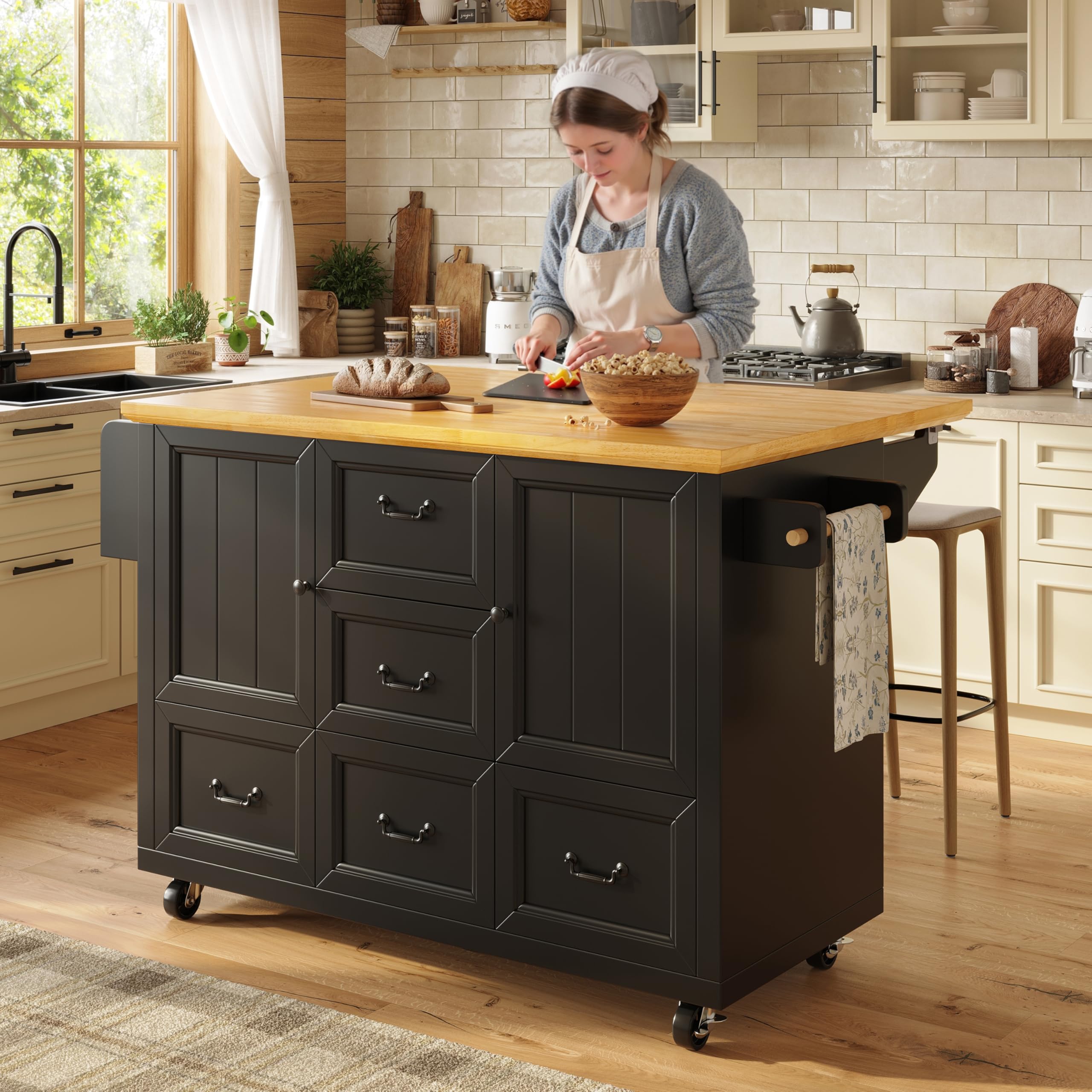Isola cucina su rotelle, isola cucina allungabile con 2 ante e 5 cassetti, carrello da cucina con portasciugamani e portaspezie per cucina, sala da pranzo, mobile buffet, nero