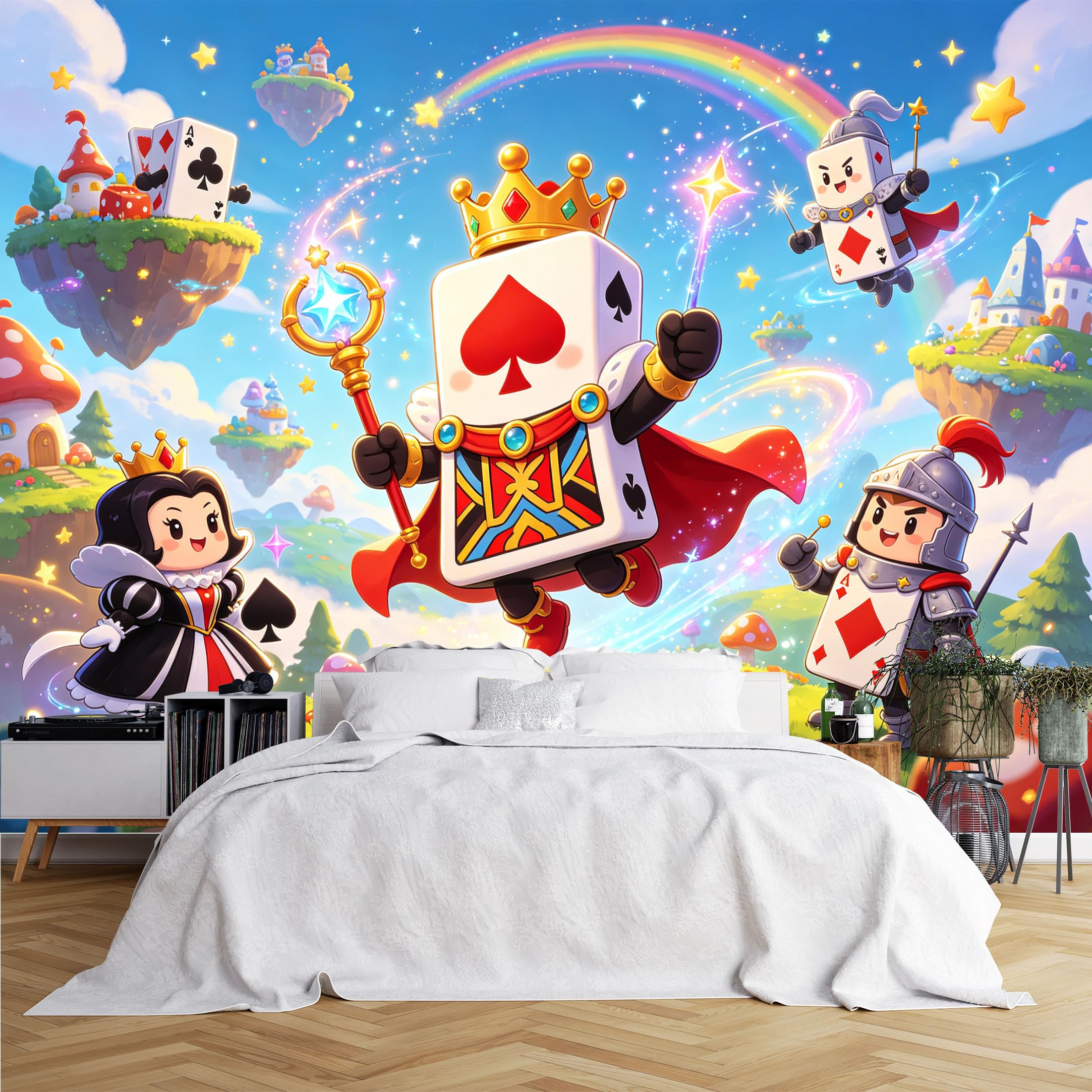 Lcythiazole Ch260615009 Custom Size Wall Murals Cartoon Playing Card Character Kingdom Wall Murals Rainbow Floating Island Fantasy Scene Wallpaper Vivid Self-Adhesive Removable Wallpaper