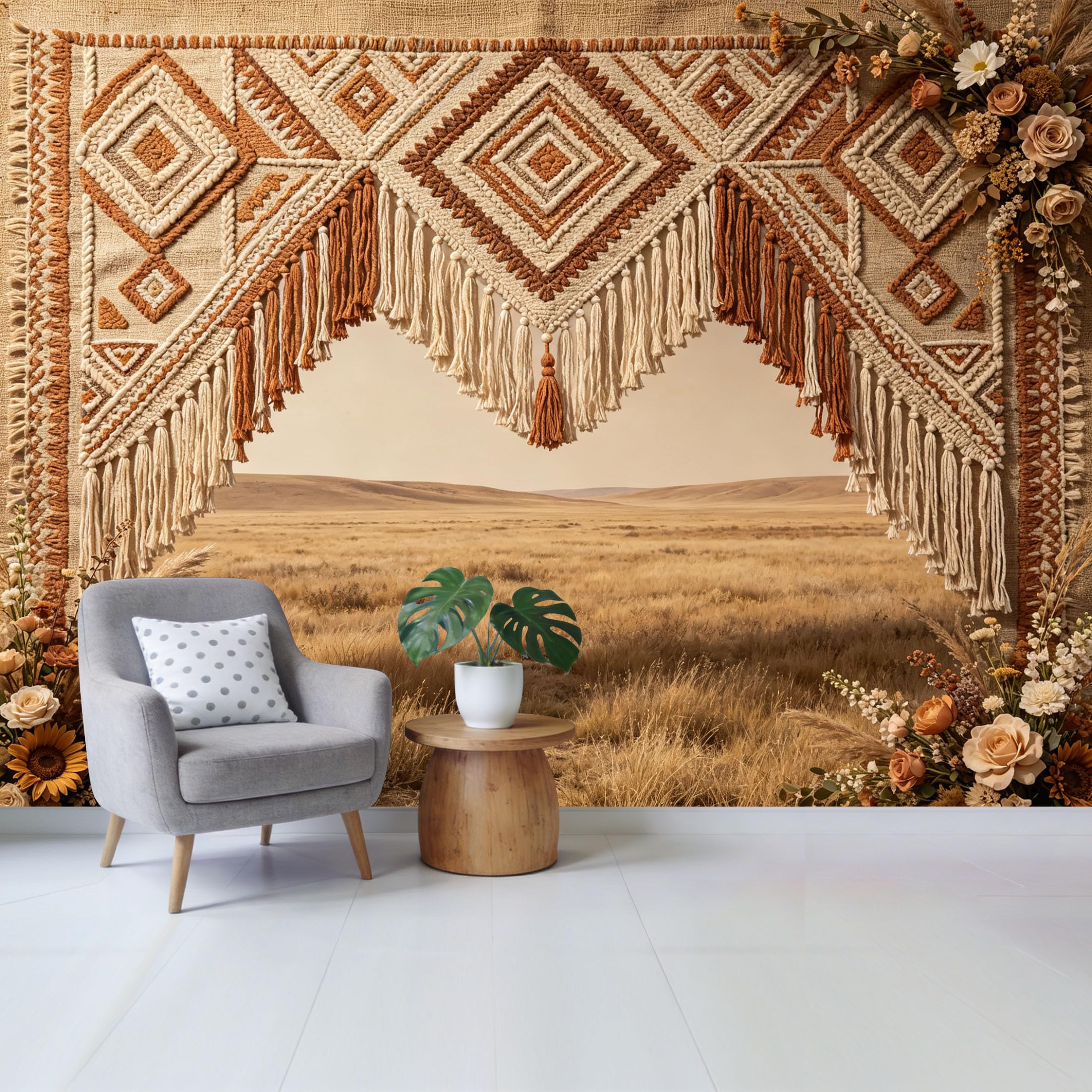Qzlithotic Yq2605250619 Custom Size Wall Mural Bohemian Macrame Woven Tapestry Prairie Landscape Floral Aesthetic Selfadhesive Wall Fabric Removable Wallpaper For Home Office Decor
