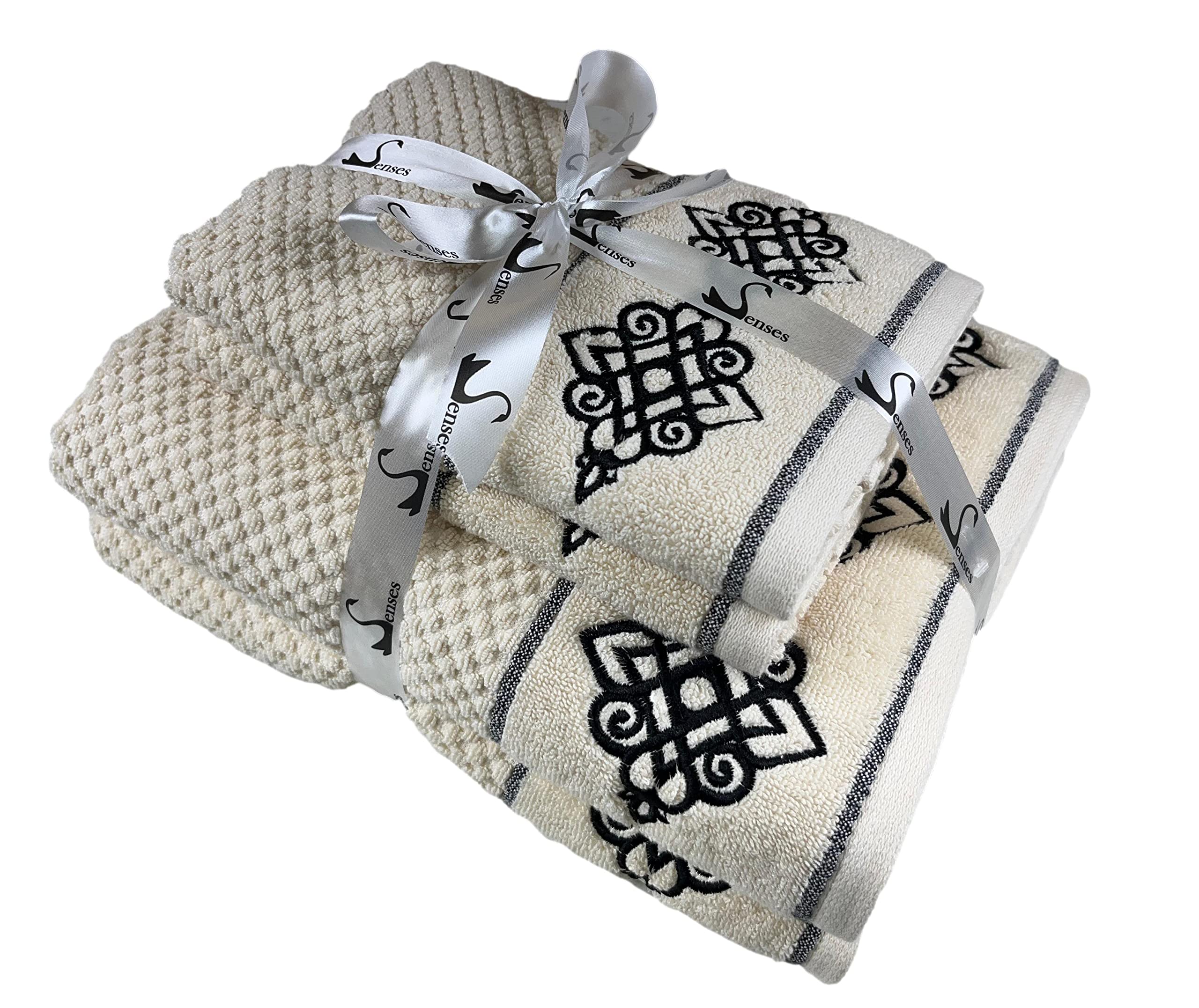 SENSES By Riba Cotton Embroidered Towel Set, 550 GSM Soft & Absorbent, Antimicrobial, Oeko-Tex Certified | Ideal for Home & Gifting, Pack of 4 (2 Bath 27"X50" + 2 Hand Towels 16"X26") - Style 3