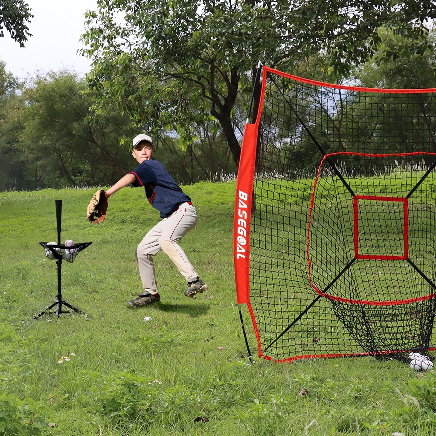 baseball softball tee, portable batting tee, tripod stand rubber tee for hitting training practice with removable baseball ball caddy black tee