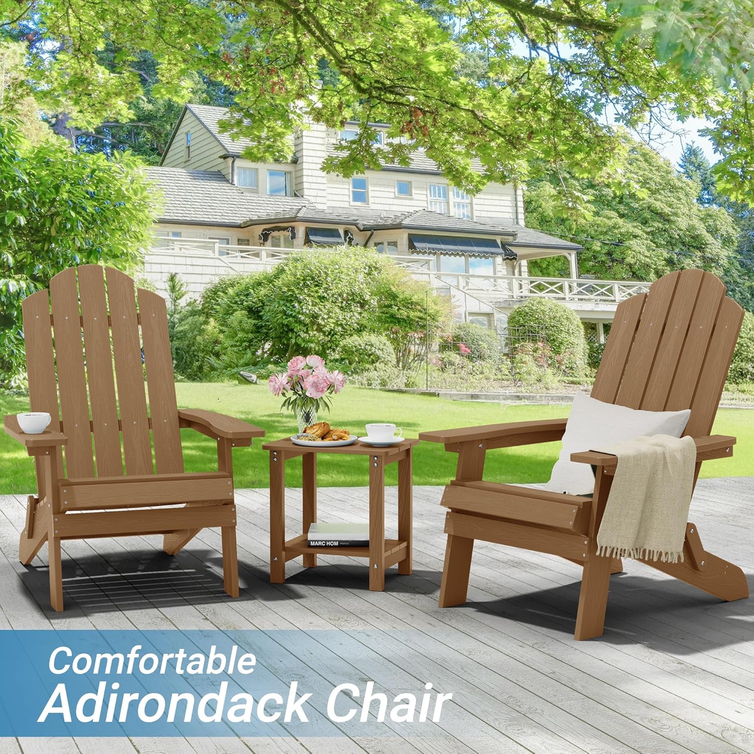 MXIMU Folding Adirondack Chair for Outdoor: Easy Assembly and Comfortable HIPS All-Weather Adirondack Chairs Set of 2 - Wooden Textured Patio Chair for Lawn Garden Deck Backyard Fire Pit